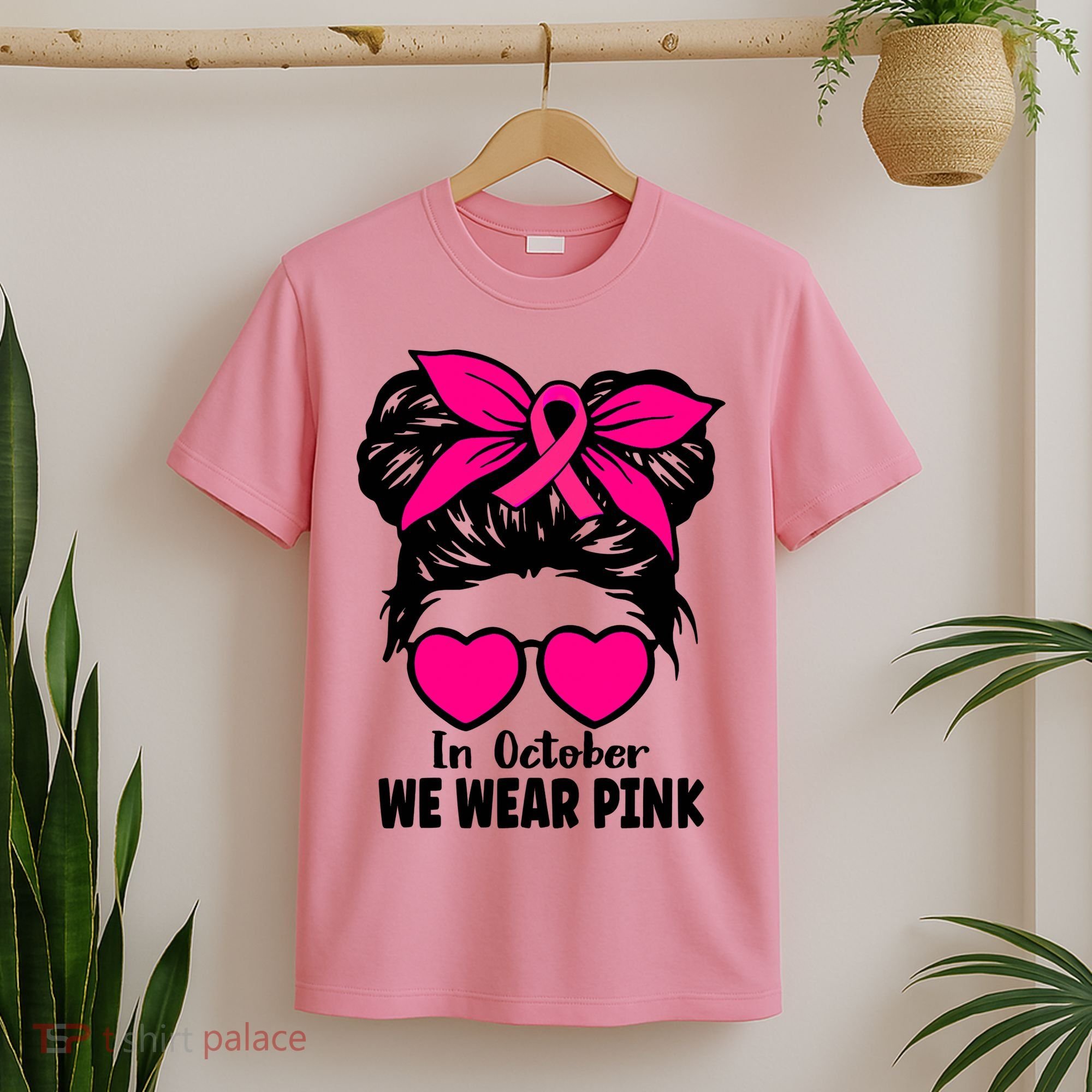 In October We Wear Pink Messy Bun Girls Breast Cancer T-Shirt