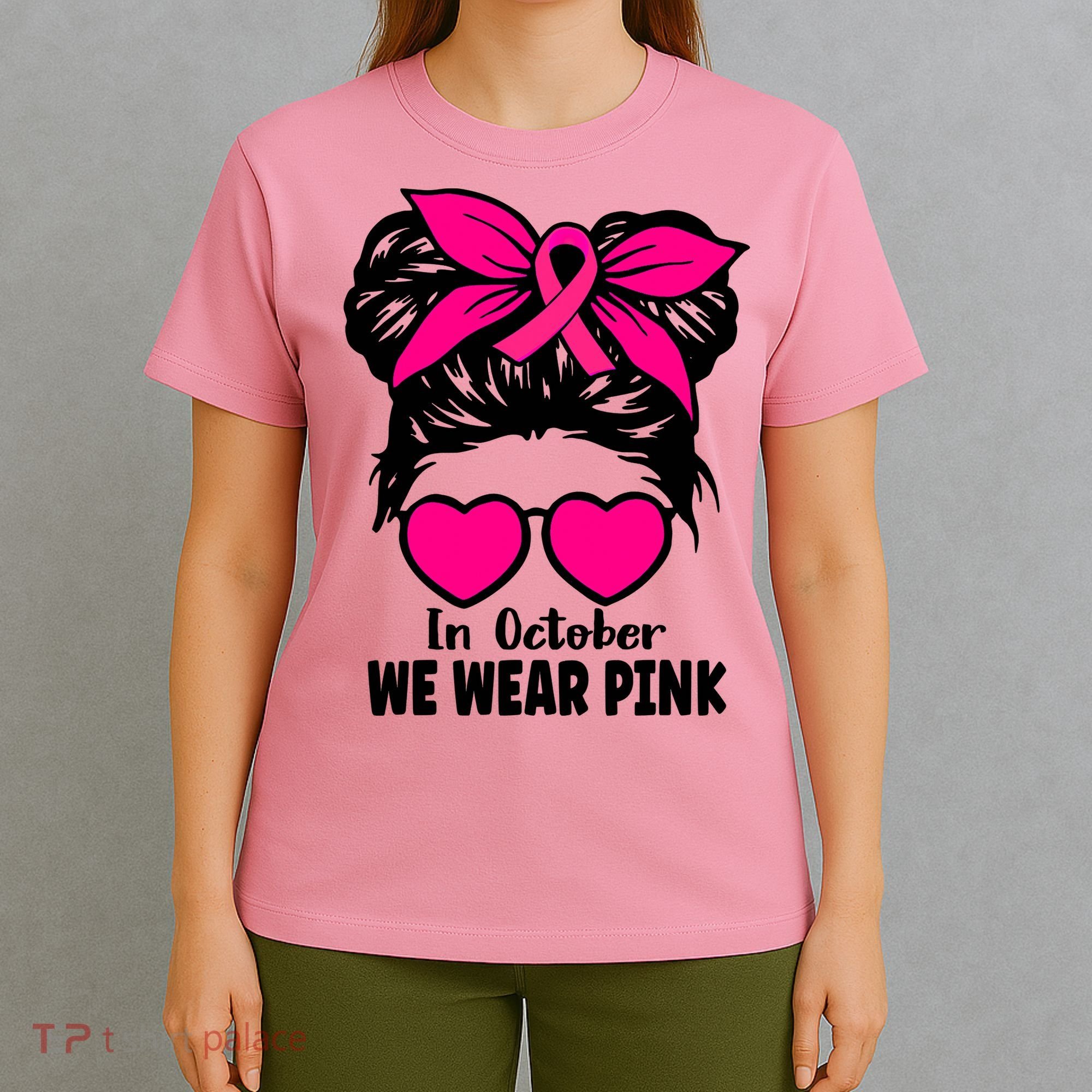 In October We Wear Pink Messy Bun Girls Breast Cancer T-Shirt