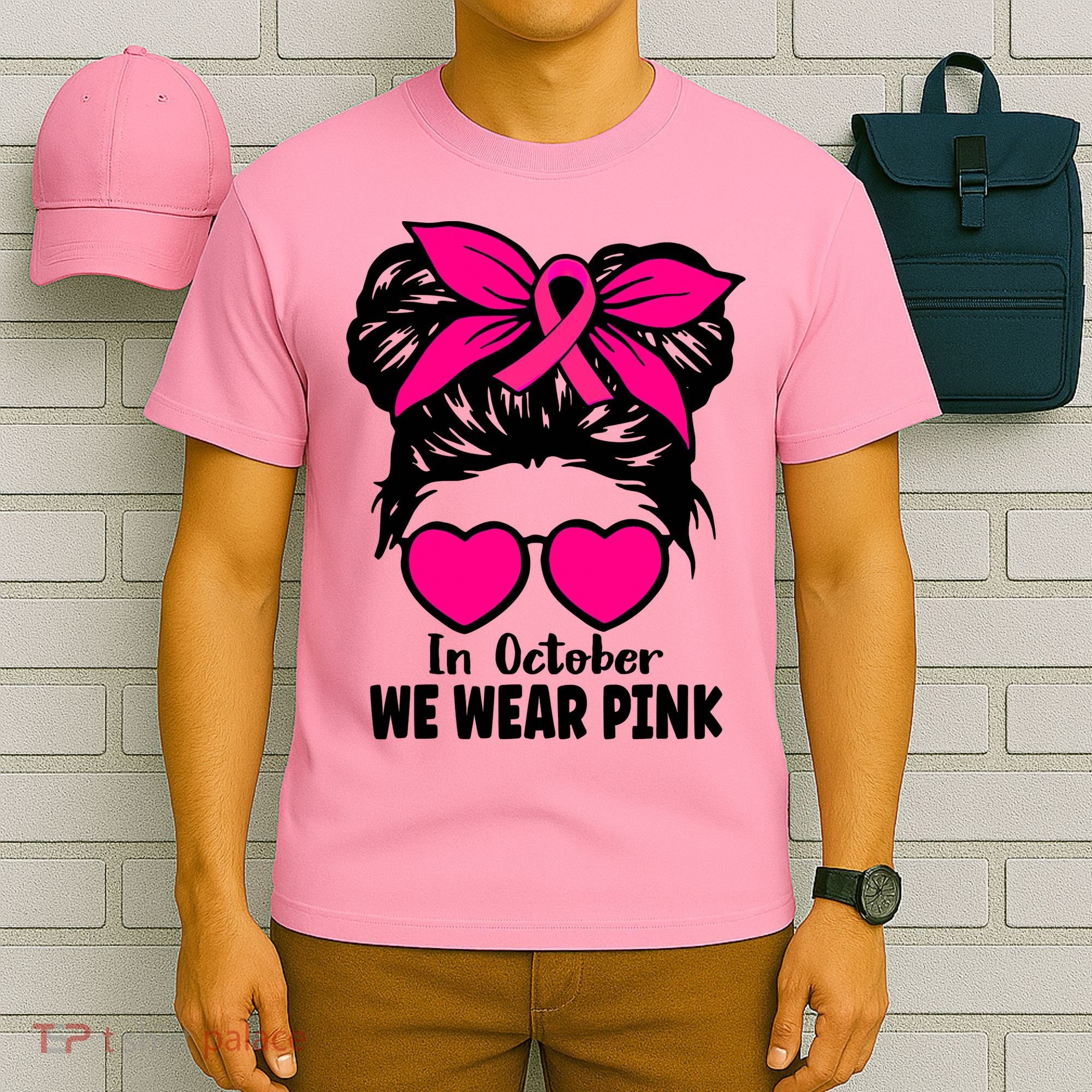 In October We Wear Pink Messy Bun Girls Breast Cancer T-Shirt