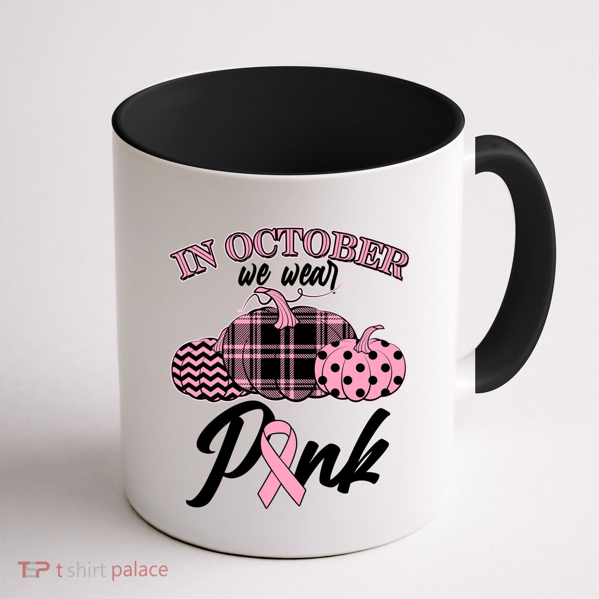 In October We Wear Pink Pattern Pumpkins Breast Cancer Awareness Coffee Mug