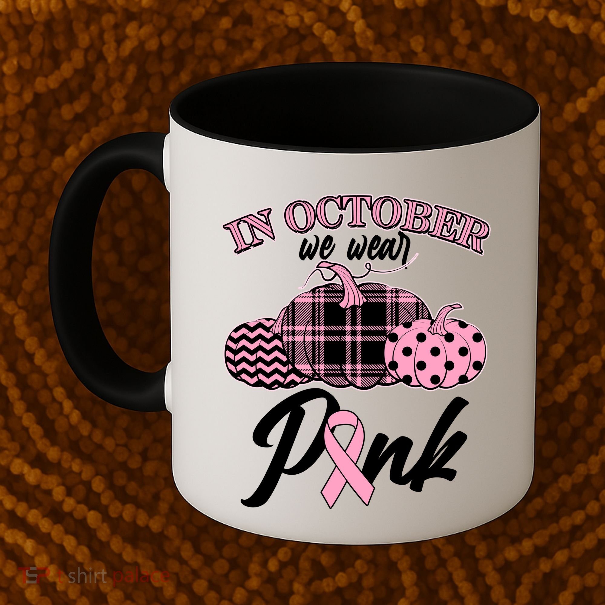 In October We Wear Pink Pattern Pumpkins Breast Cancer Awareness Coffee Mug