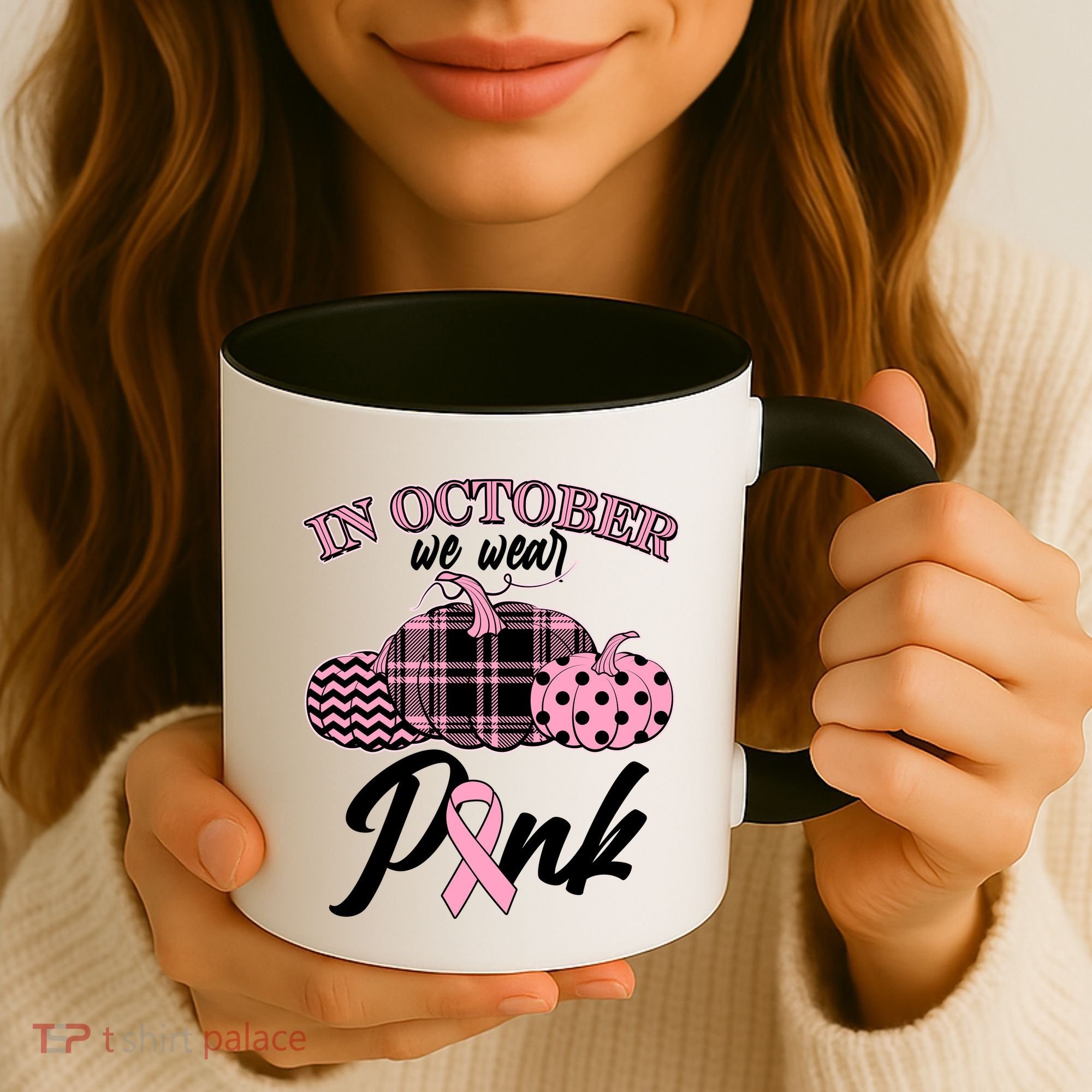 In October We Wear Pink Pattern Pumpkins Breast Cancer Awareness Coffee Mug