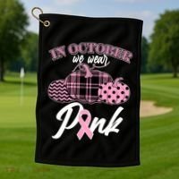 In October We Wear Pink Pattern Pumpkins Breast Cancer Awareness Golf Towel thumb 1