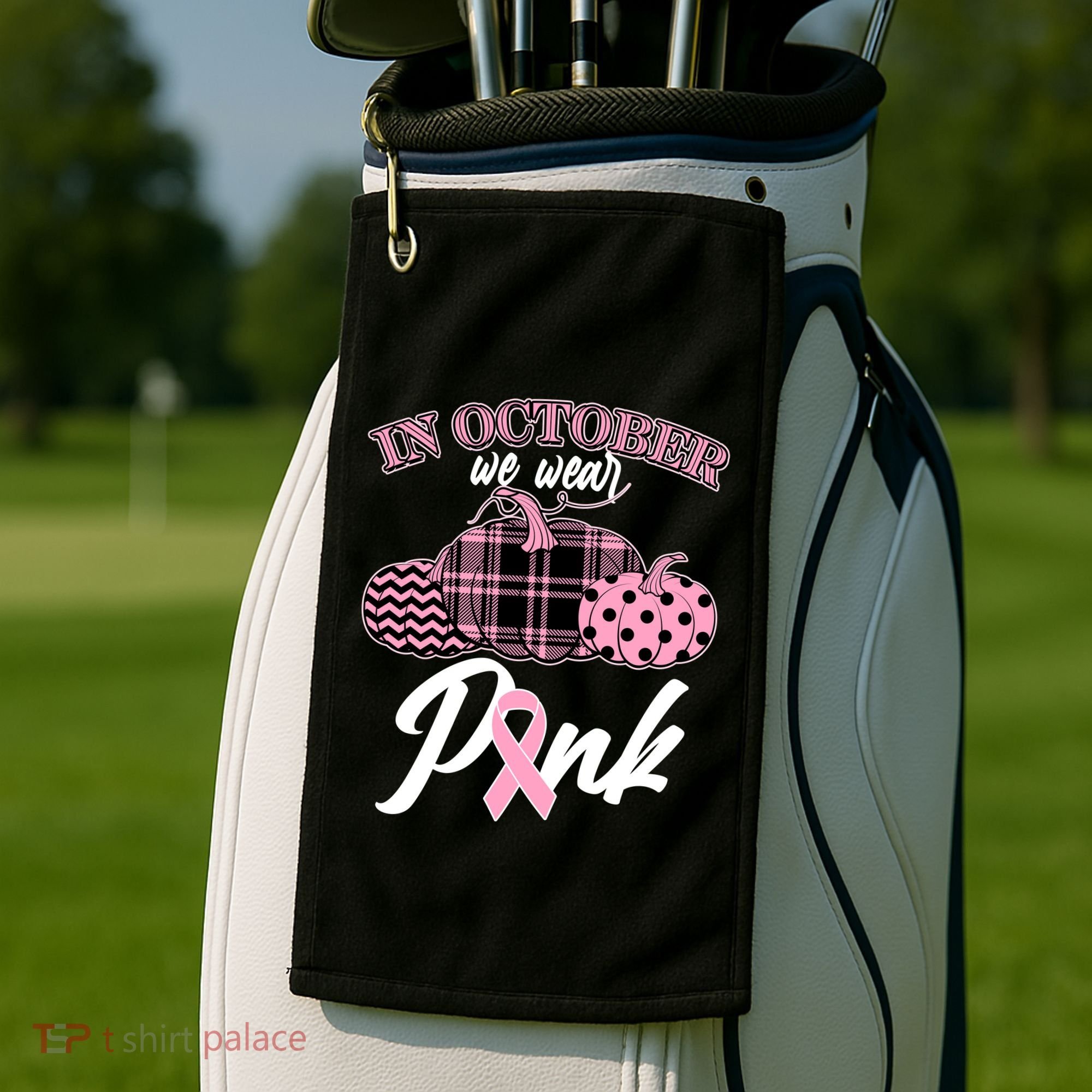 In October We Wear Pink Pattern Pumpkins Breast Cancer Awareness Golf Towel