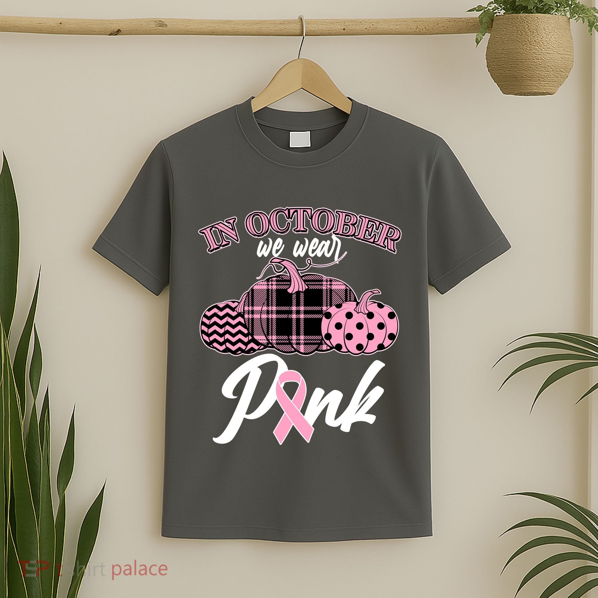 In October We Wear Pink Pattern Pumpkins Breast Cancer Awareness T-Shirt
