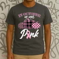 In October We Wear Pink Pattern Pumpkins Breast Cancer Awareness T-Shirt thumb 3