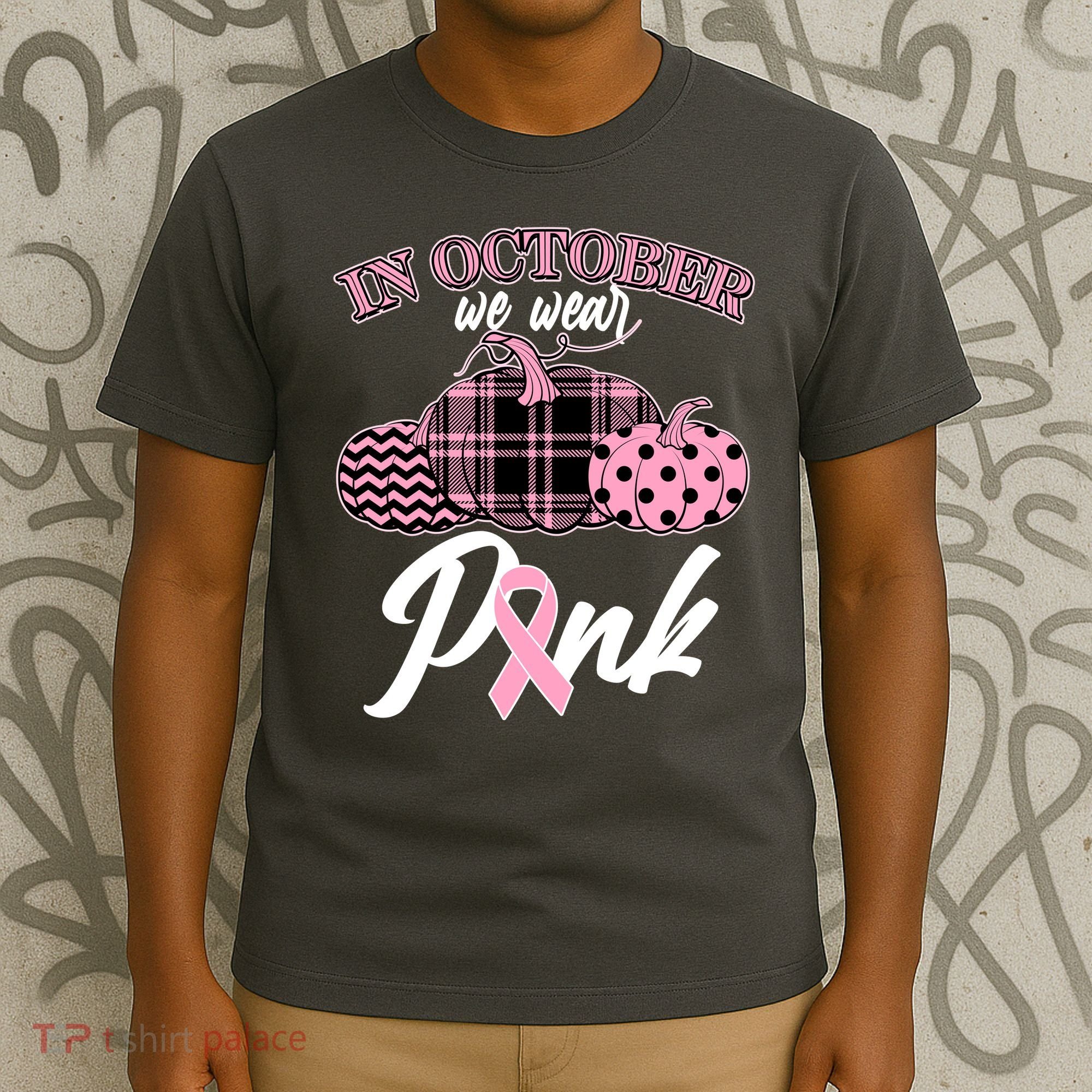 In October We Wear Pink Pattern Pumpkins Breast Cancer Awareness T-Shirt