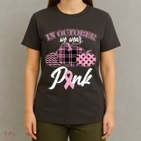 In October We Wear Pink Pattern Pumpkins Breast Cancer Awareness T-Shirt thumb 4