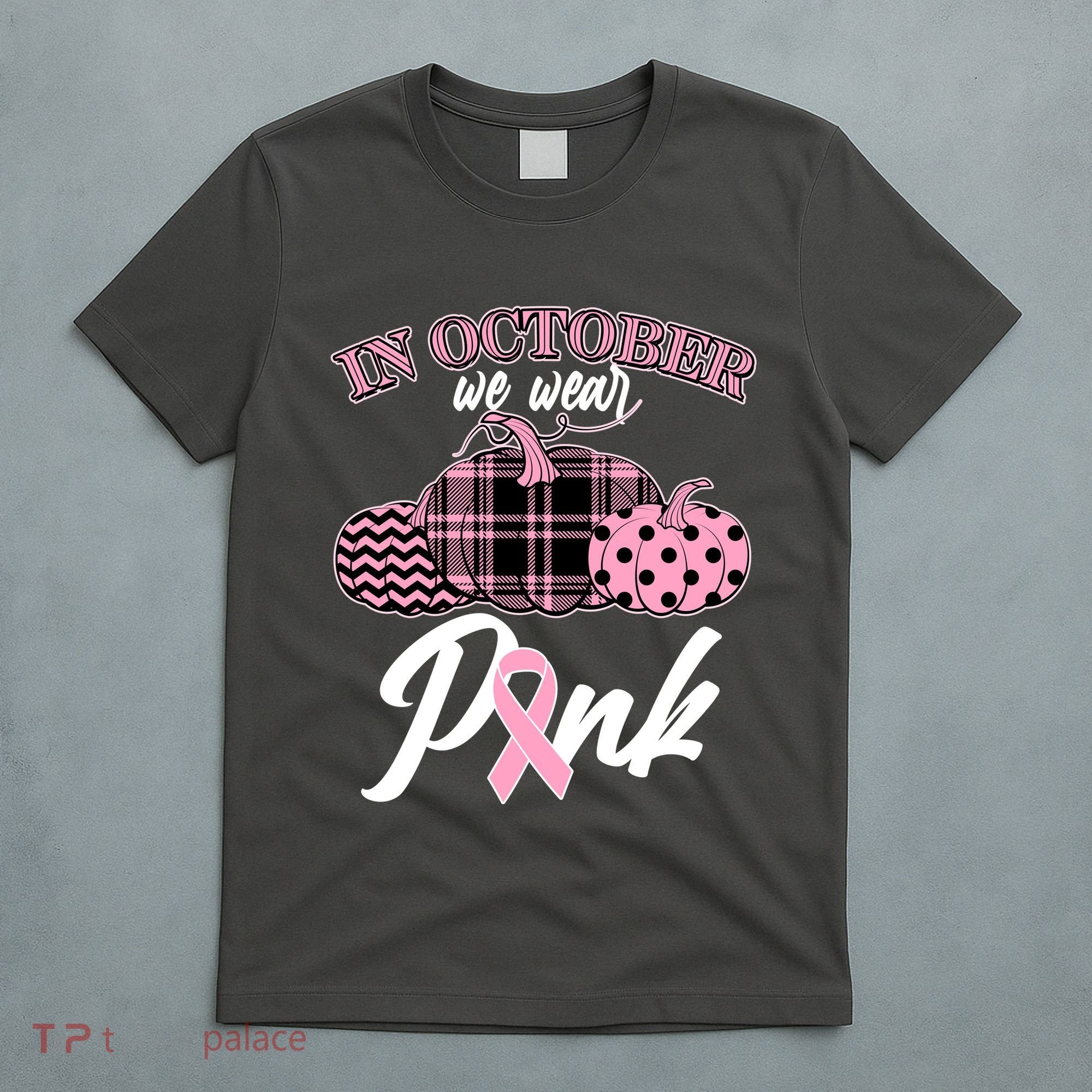 In October We Wear Pink Pattern Pumpkins Breast Cancer Awareness T-Shirt