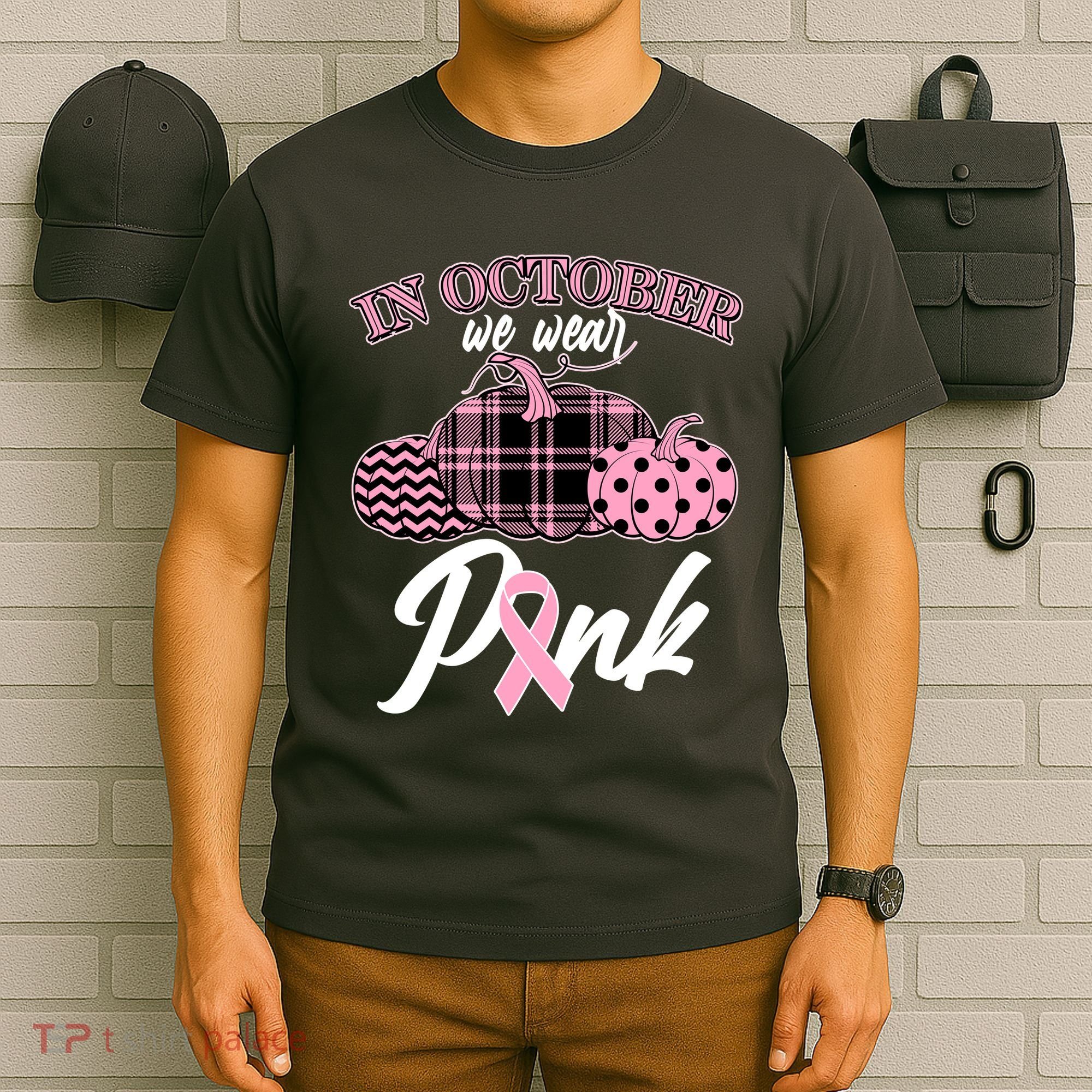 In October We Wear Pink Pattern Pumpkins Breast Cancer Awareness T-Shirt