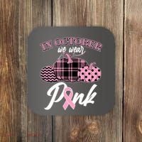 In October We Wear Pink Pattern Pumpkins Breast Cancer Awareness Coaster thumb 0