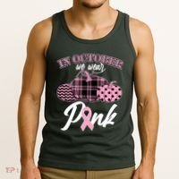 In October We Wear Pink Pattern Pumpkins Breast Cancer Awareness Tank Top thumb 3