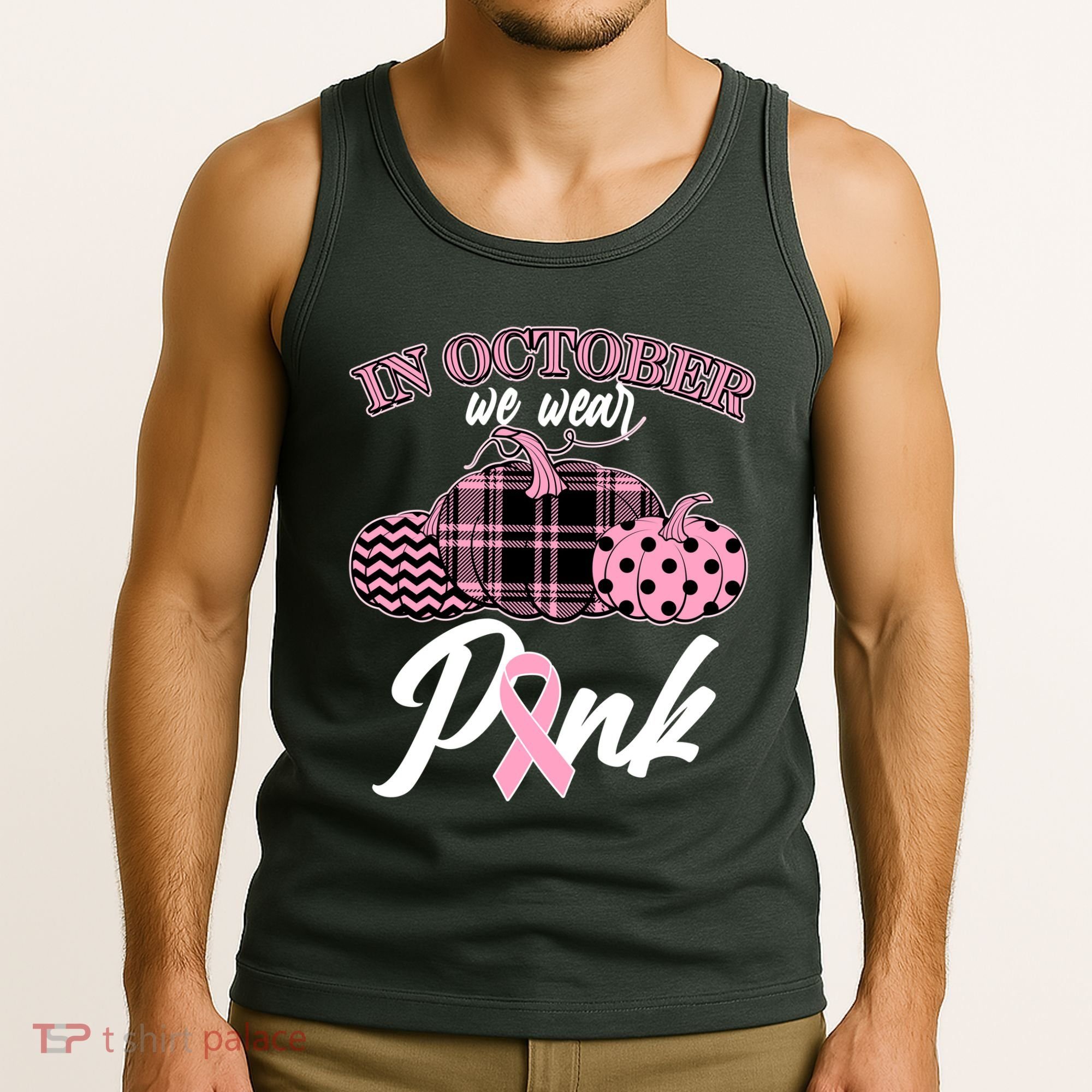 In October We Wear Pink Pattern Pumpkins Breast Cancer Awareness Tank Top