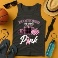 In October We Wear Pink Pattern Pumpkins Breast Cancer Awareness Tank Top thumb 4