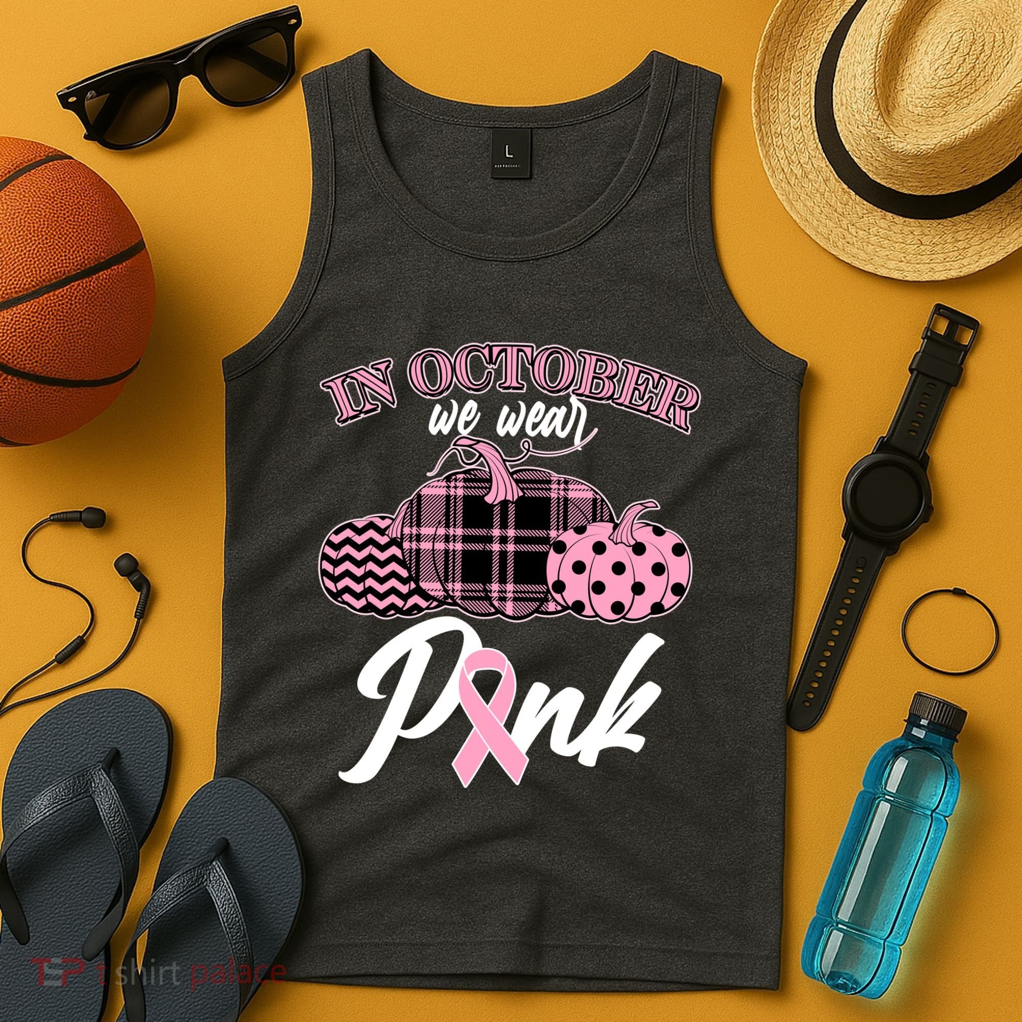 In October We Wear Pink Pattern Pumpkins Breast Cancer Awareness Tank Top
