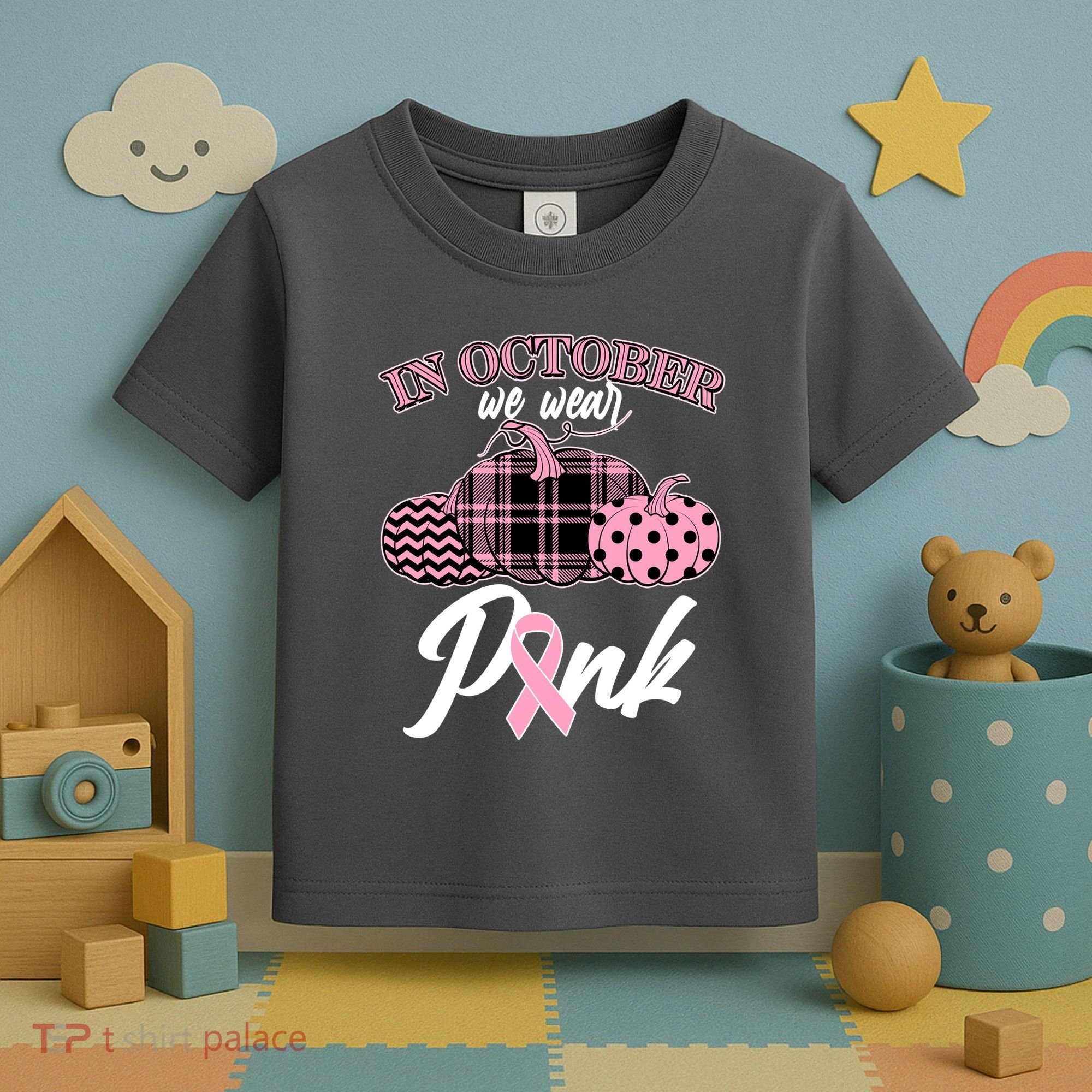 In October We Wear Pink Pattern Pumpkins Breast Cancer Awareness Toddler T-Shirt