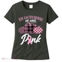 In October We Wear Pink Pattern Pumpkins Breast Cancer Awareness Women's T-Shirt thumb 0
