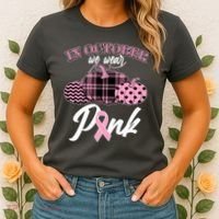 In October We Wear Pink Pattern Pumpkins Breast Cancer Awareness Women's T-Shirt thumb 2