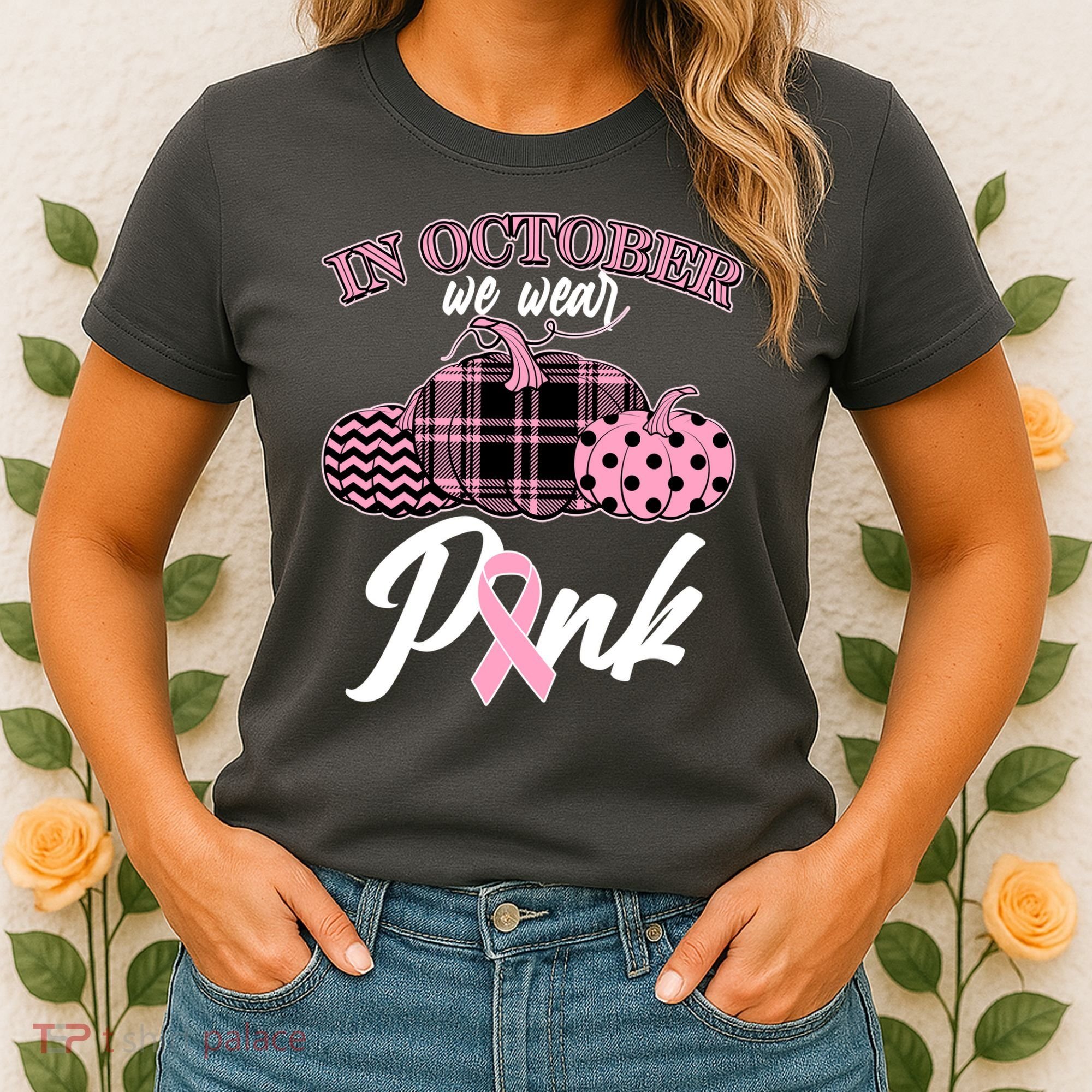 In October We Wear Pink Pattern Pumpkins Breast Cancer Awareness Women's T-Shirt