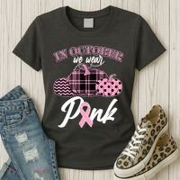 In October We Wear Pink Pattern Pumpkins Breast Cancer Awareness Women's T-Shirt thumb 3