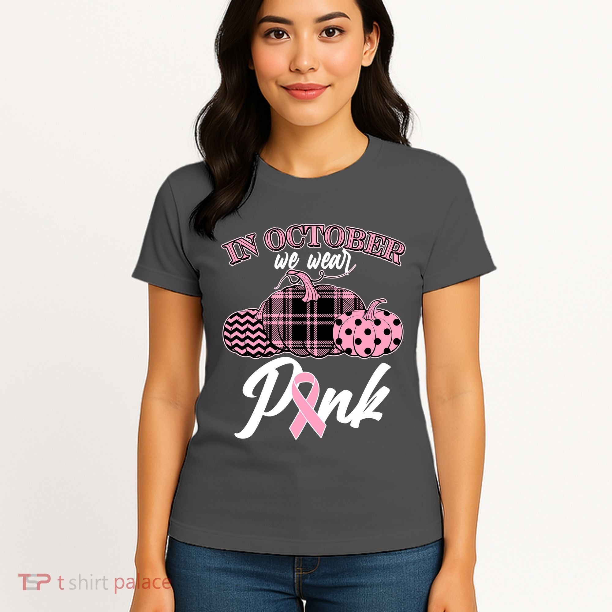In October We Wear Pink Pattern Pumpkins Breast Cancer Awareness Women's T-Shirt