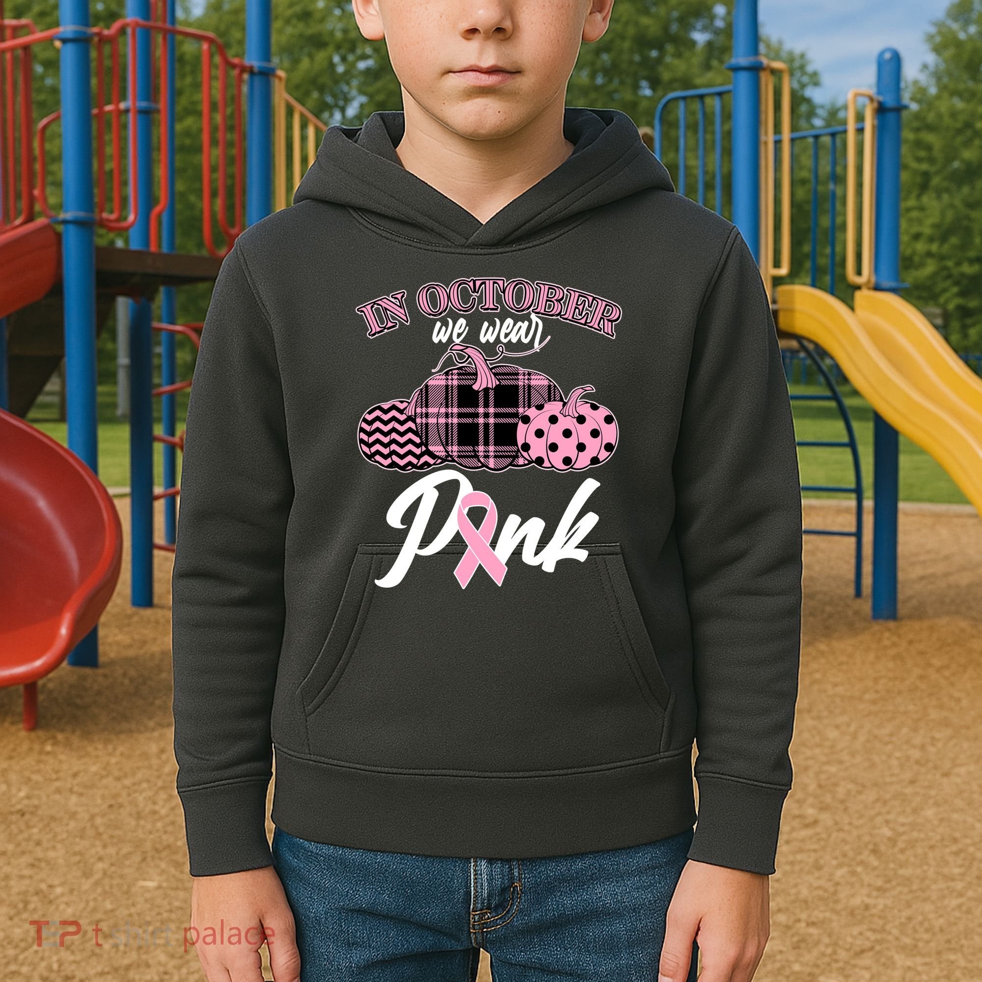 In October We Wear Pink Pattern Pumpkins Breast Cancer Awareness Kids Hoodie