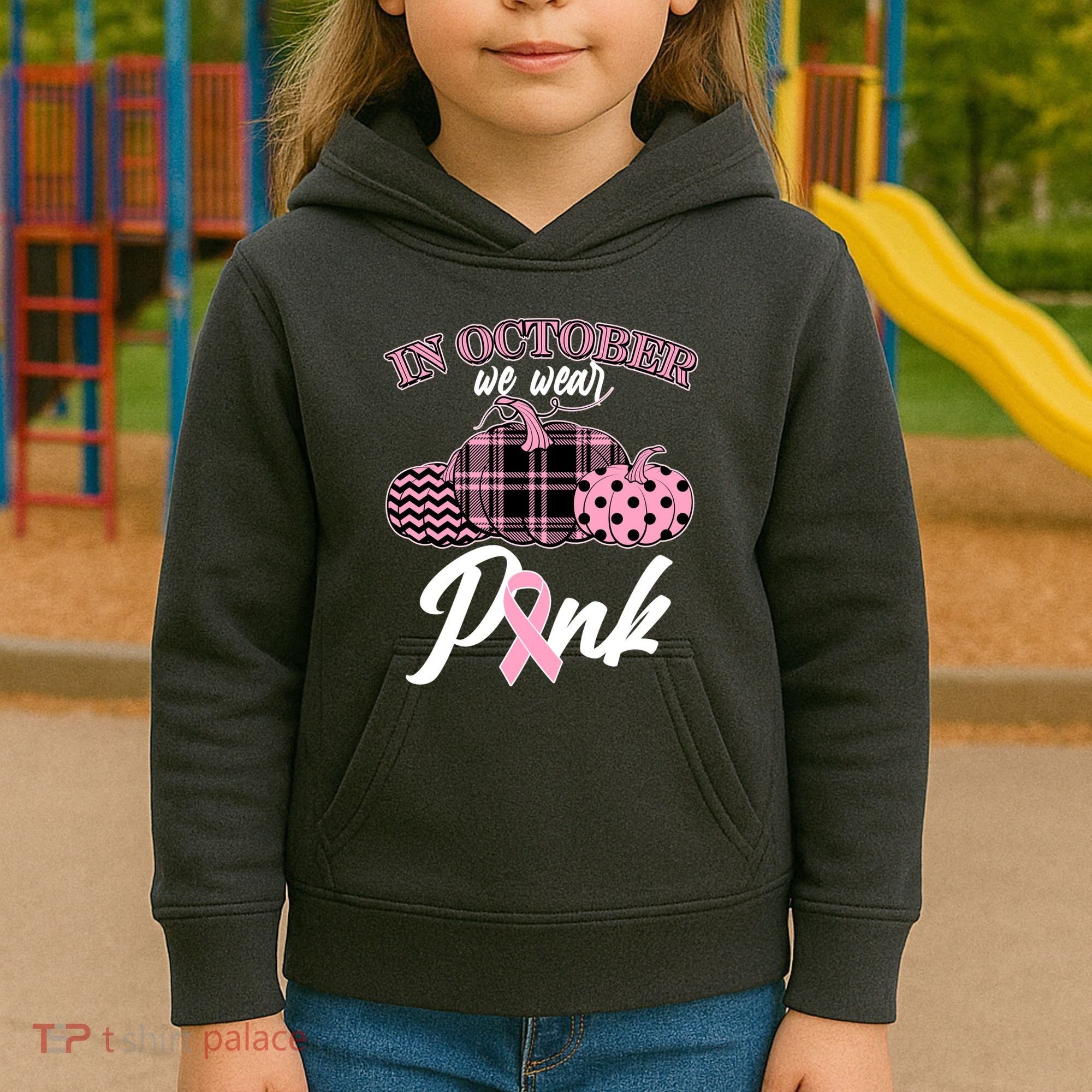 In October We Wear Pink Pattern Pumpkins Breast Cancer Awareness Kids Hoodie