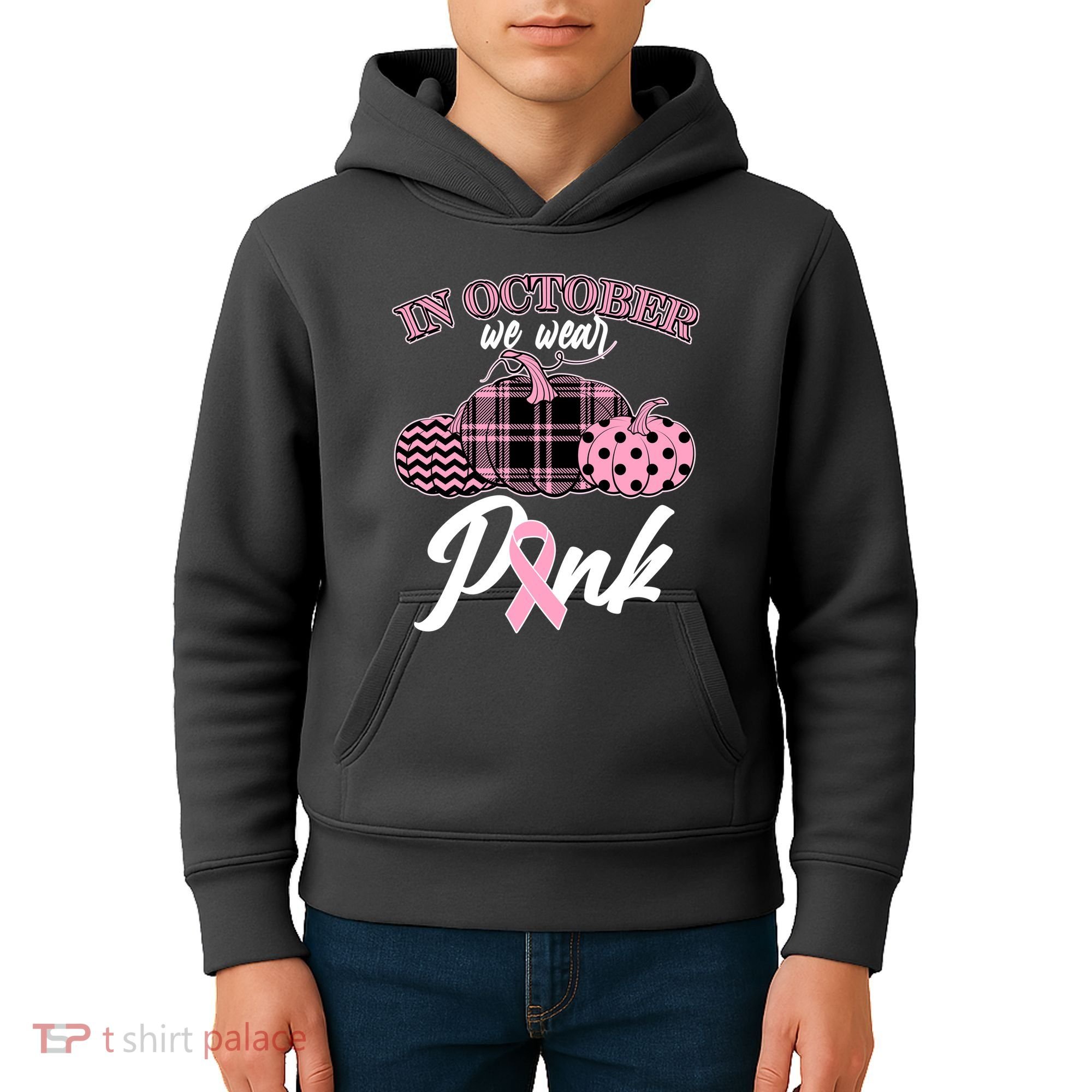 In October We Wear Pink Pattern Pumpkins Breast Cancer Awareness Kids Hoodie