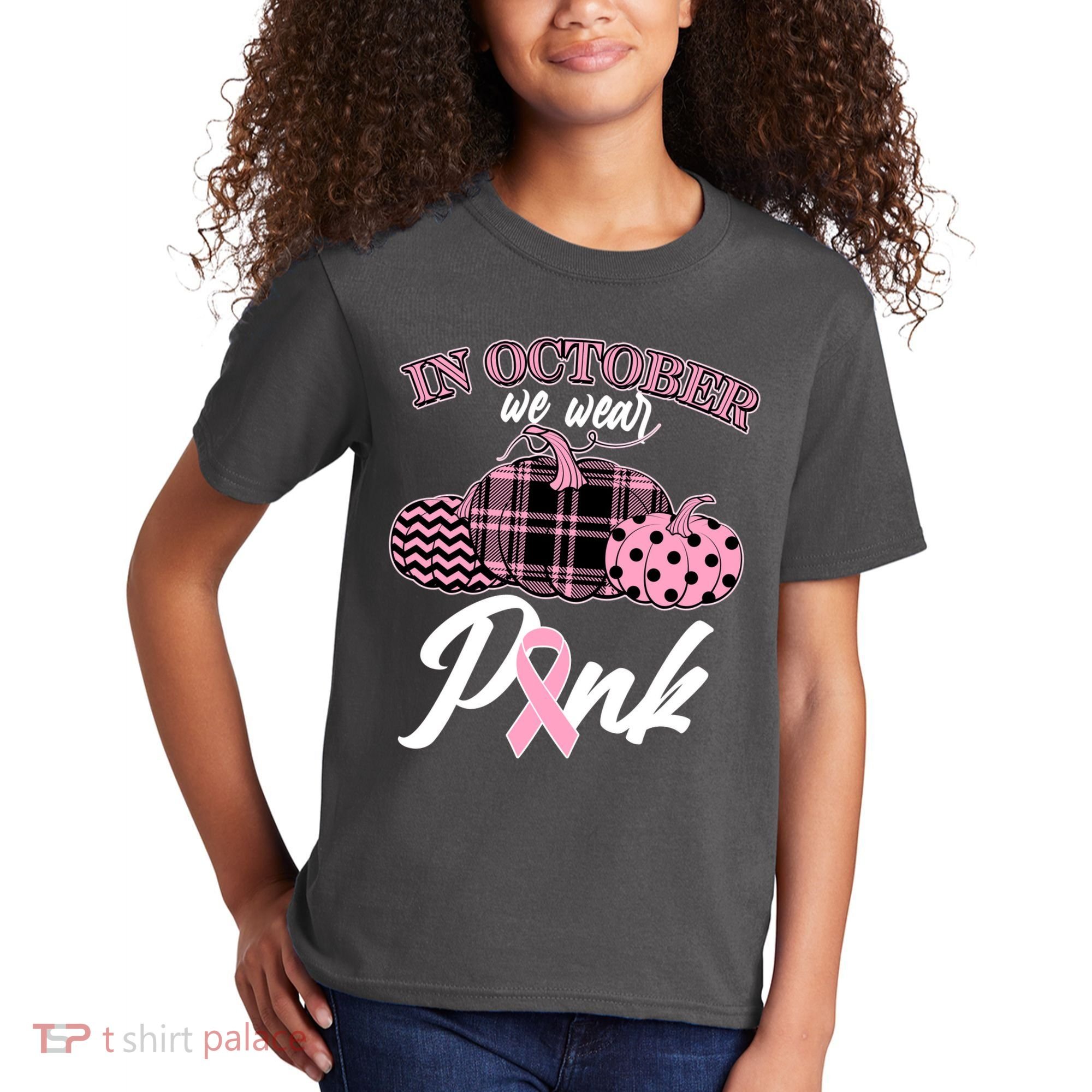 In October We Wear Pink Pattern Pumpkins Breast Cancer Awareness Kids T-Shirt