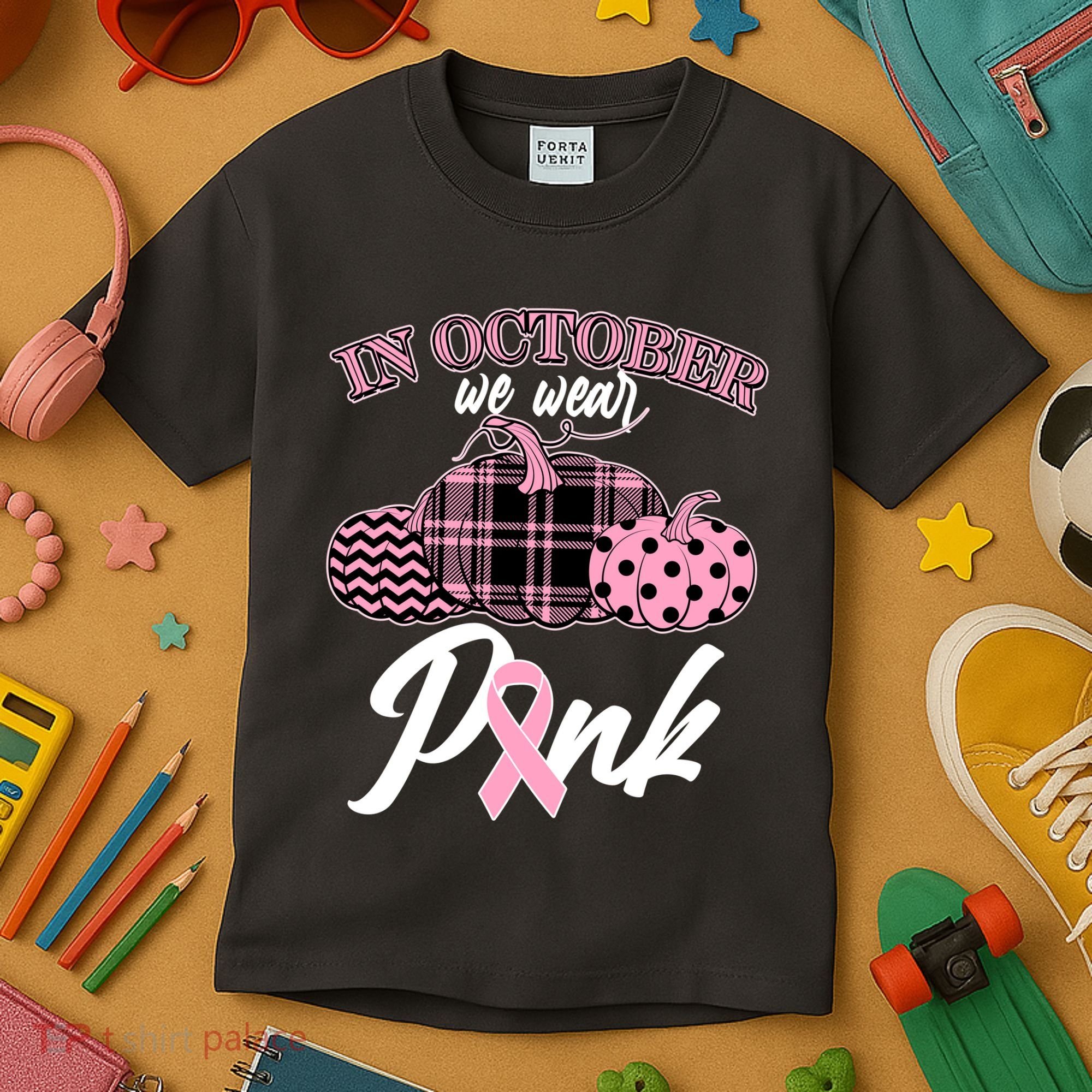 In October We Wear Pink Pattern Pumpkins Breast Cancer Awareness Kids T-Shirt