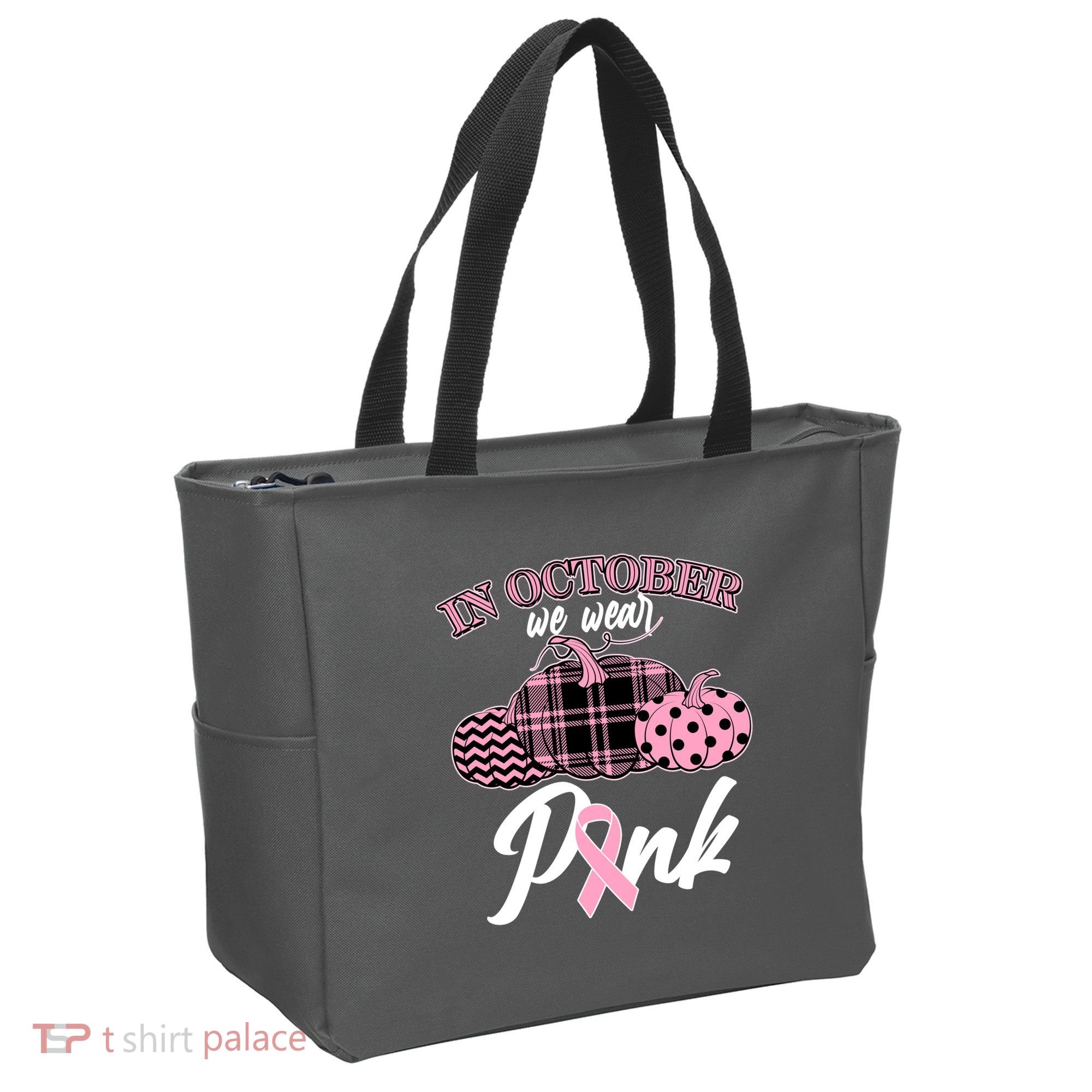 In October We Wear Pink Pattern Pumpkins Breast Cancer Awareness Tote Bag