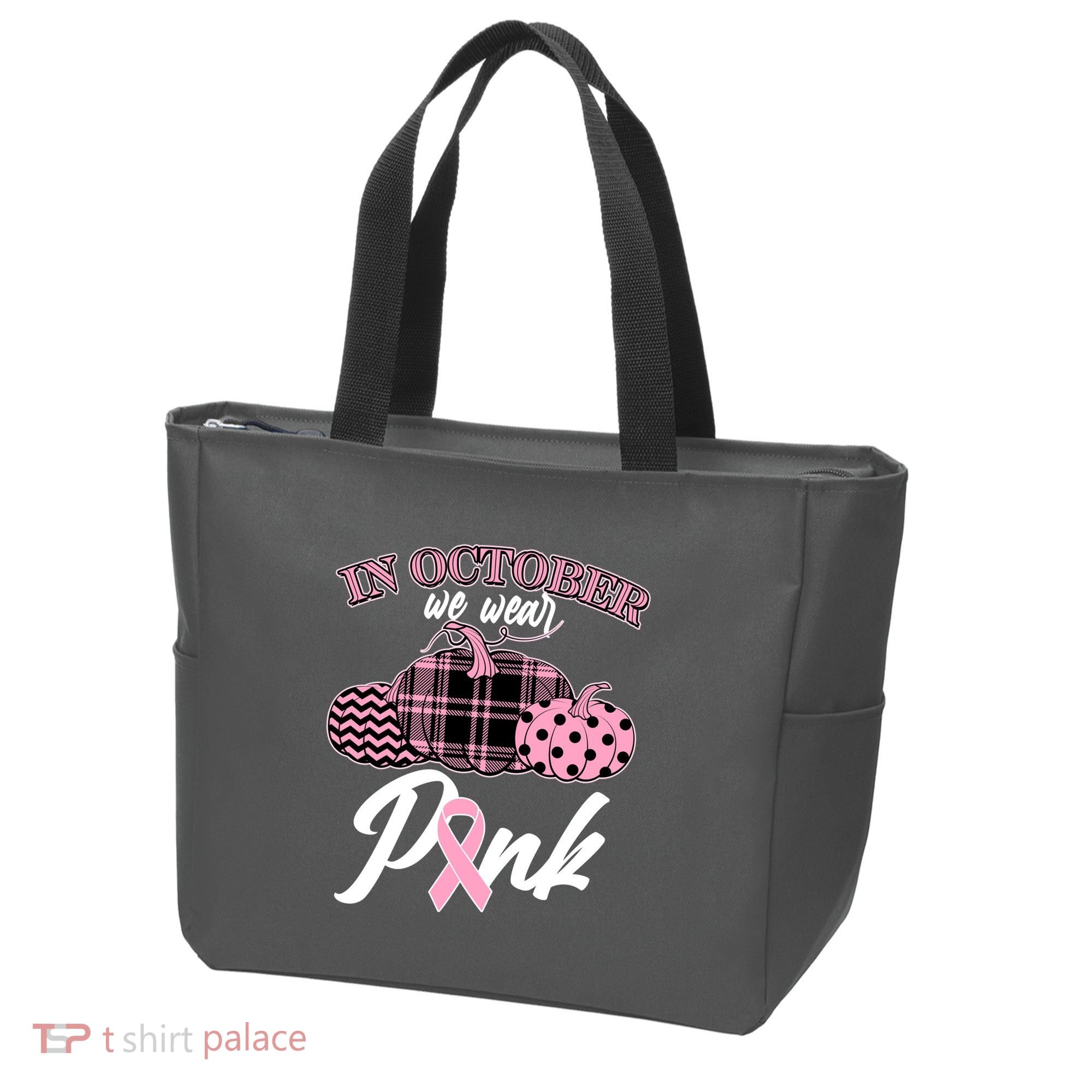 In October We Wear Pink Pattern Pumpkins Breast Cancer Awareness Tote Bag
