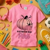 In October We Wear Pink Breast Cancer Pumpkin Kids T-Shirt thumb 3