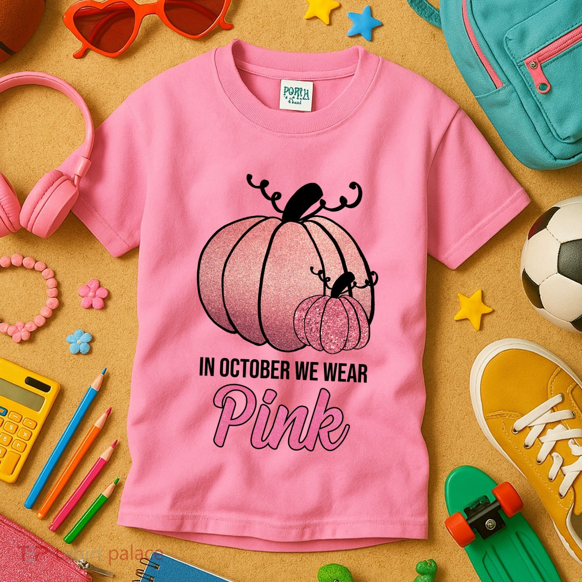 In October We Wear Pink Breast Cancer Pumpkin Kids T-Shirt