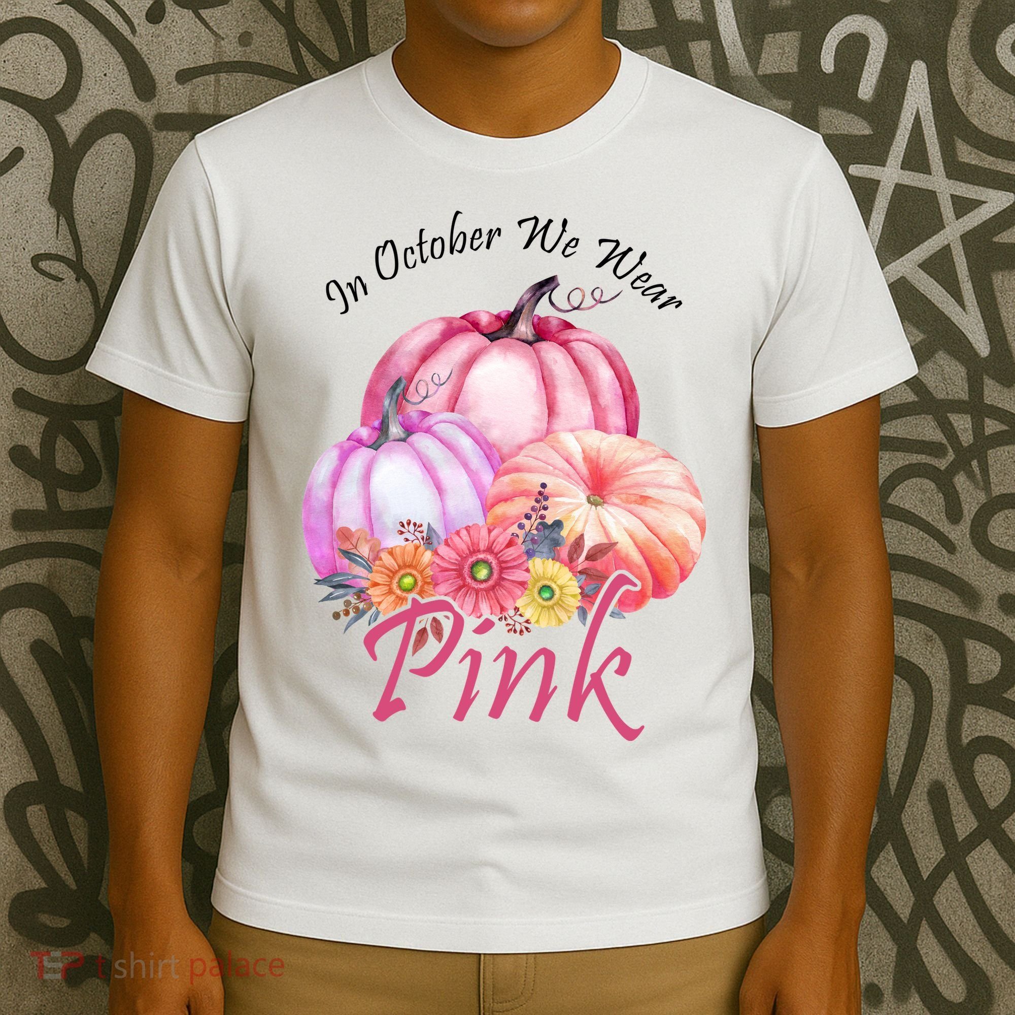 In October We Wear Pink Pumpkin Floral Breast Cancer T-Shirt