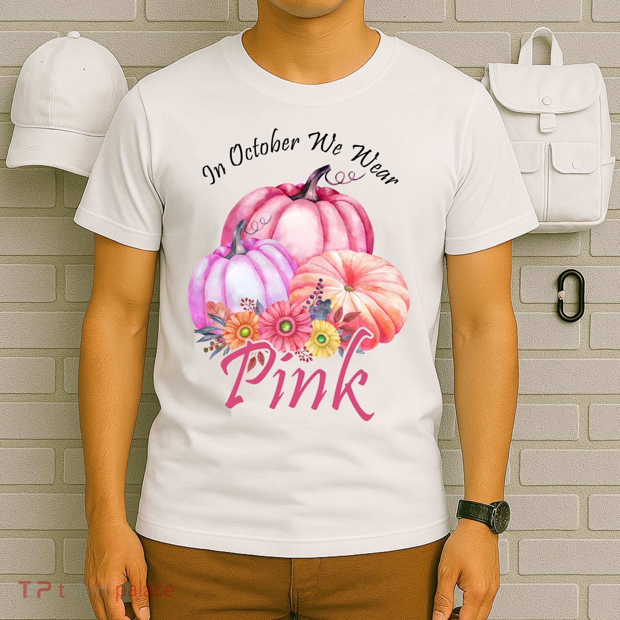 In October We Wear Pink Pumpkin Floral Breast Cancer T-Shirt