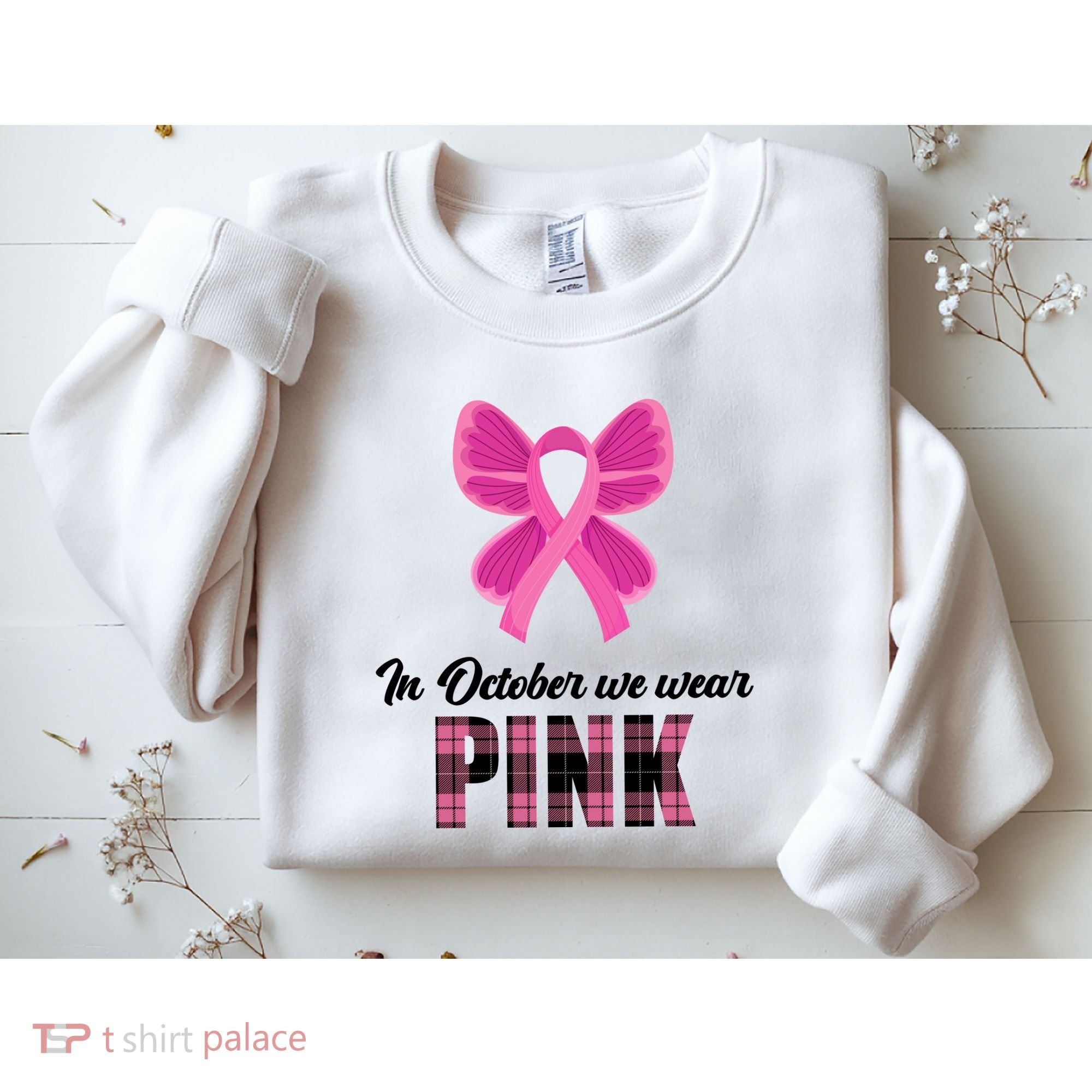 In October We Wear Pink Plaid Ribbon Sweatshirt