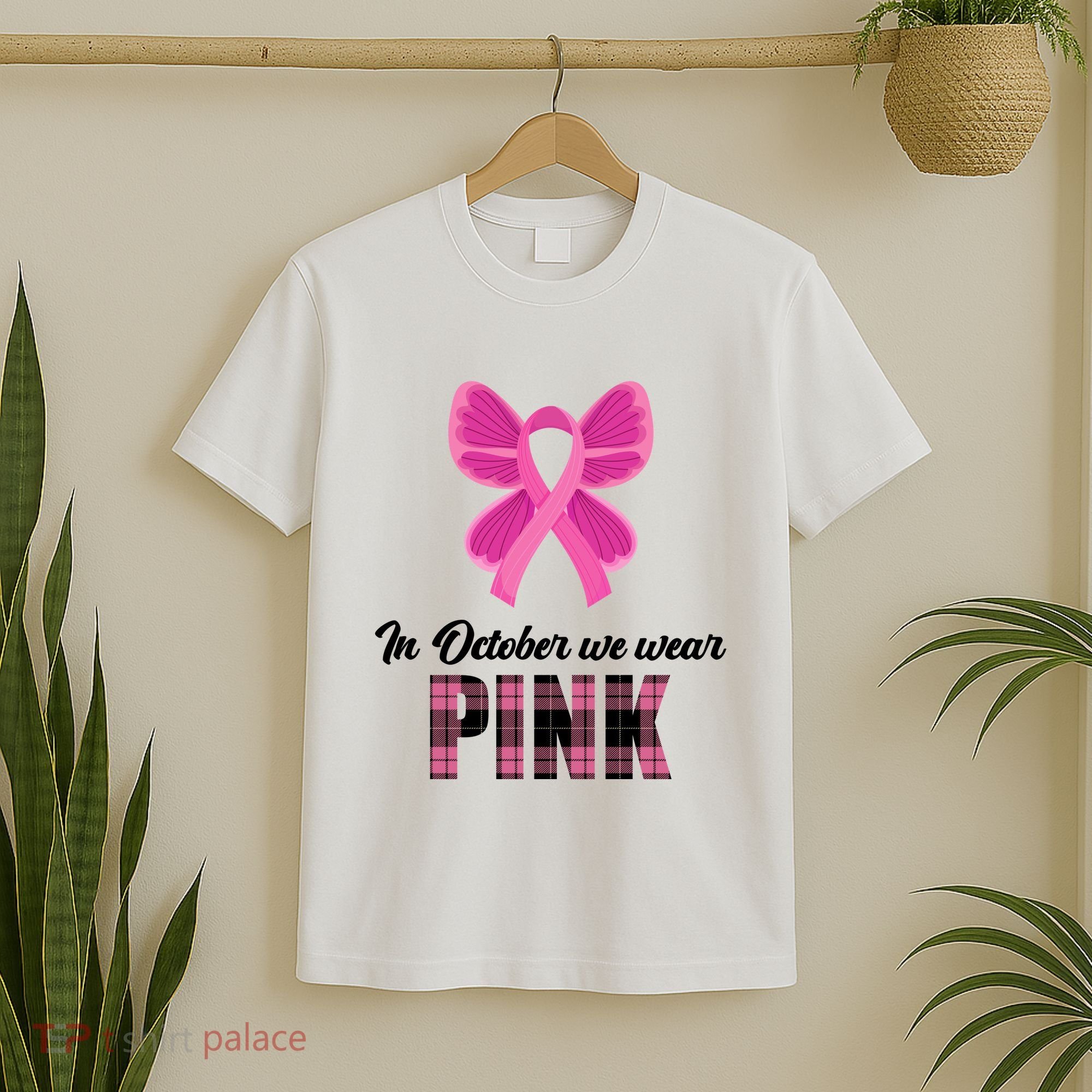 In October We Wear Pink Plaid Ribbon T-Shirt