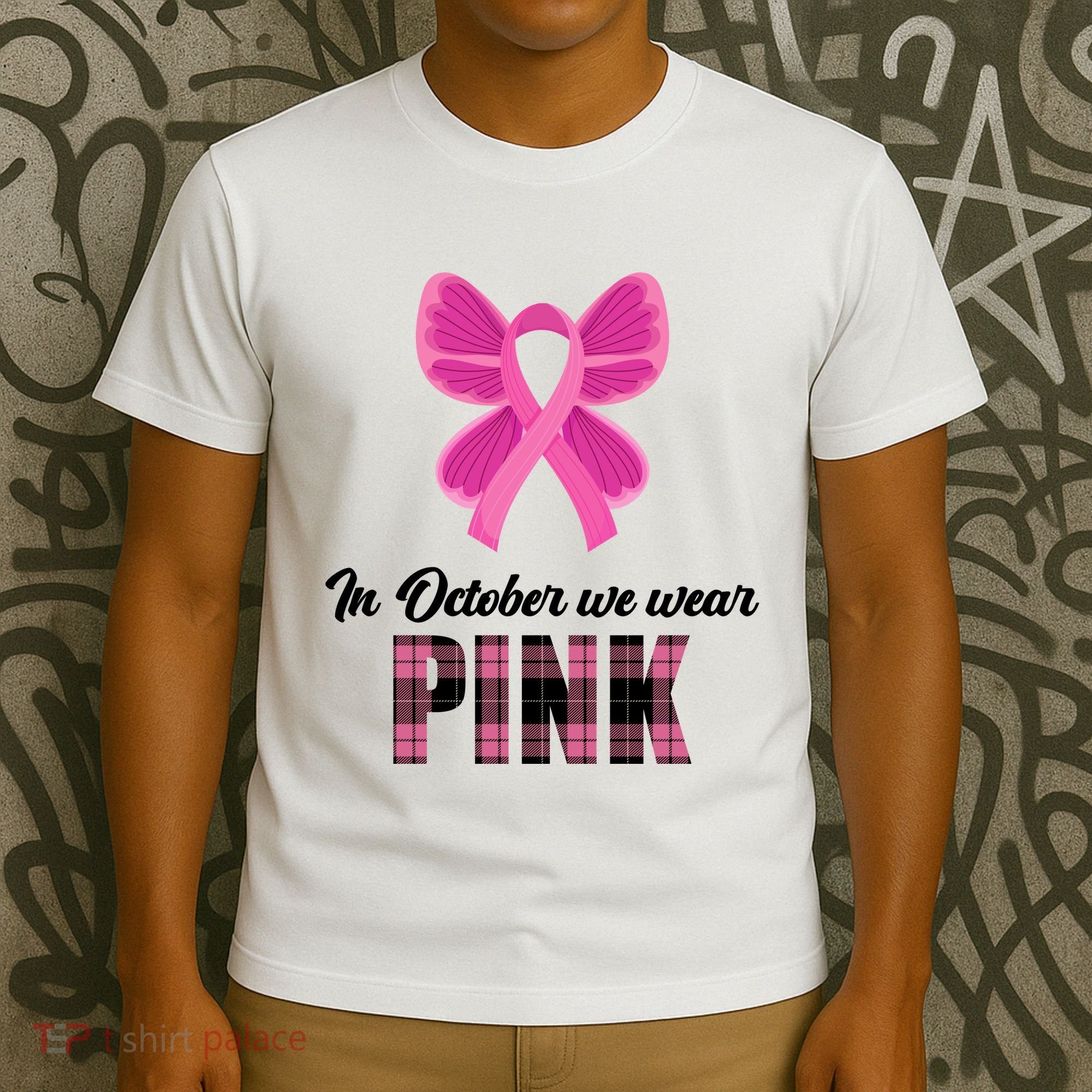 In October We Wear Pink Plaid Ribbon T-Shirt