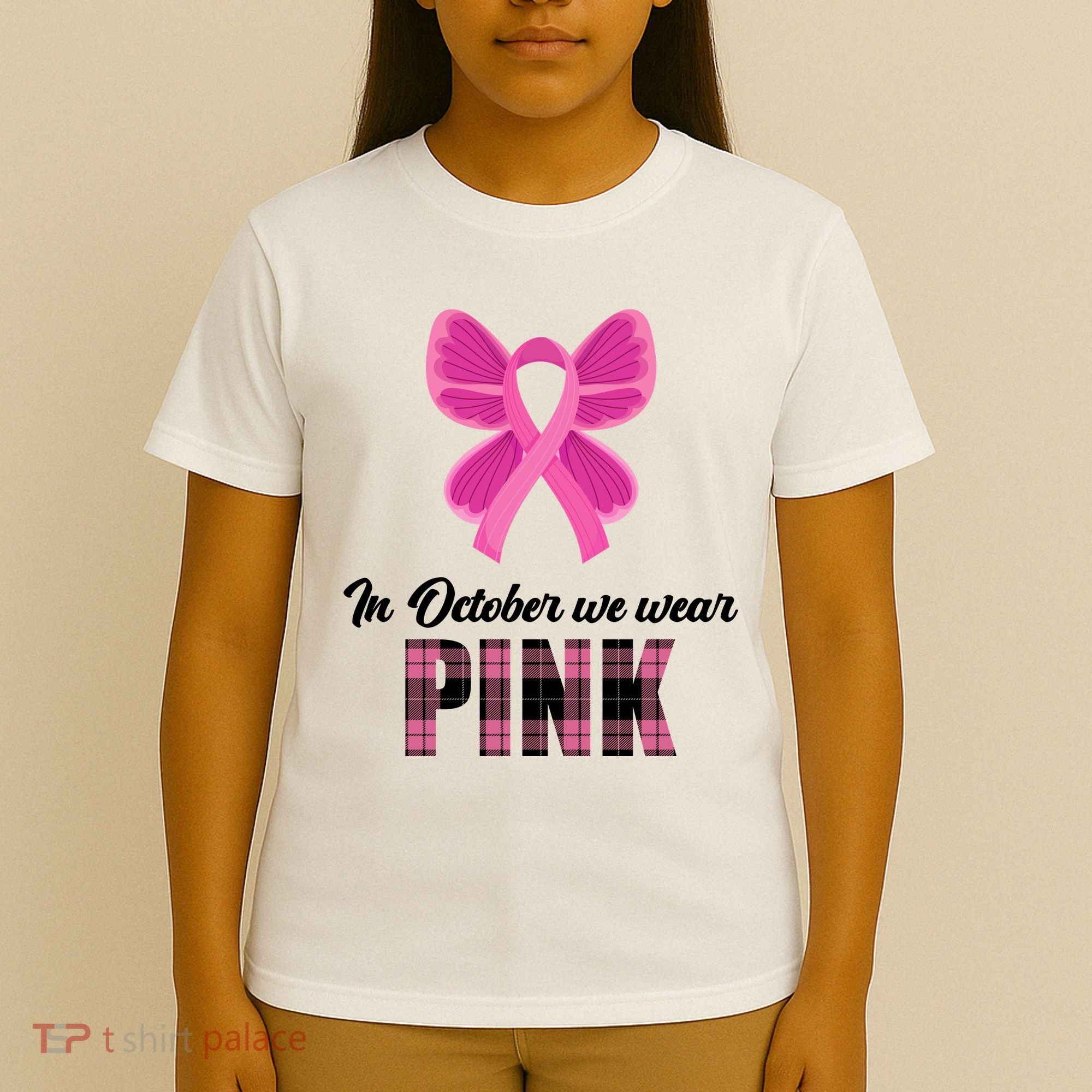 In October We Wear Pink Plaid Ribbon T-Shirt