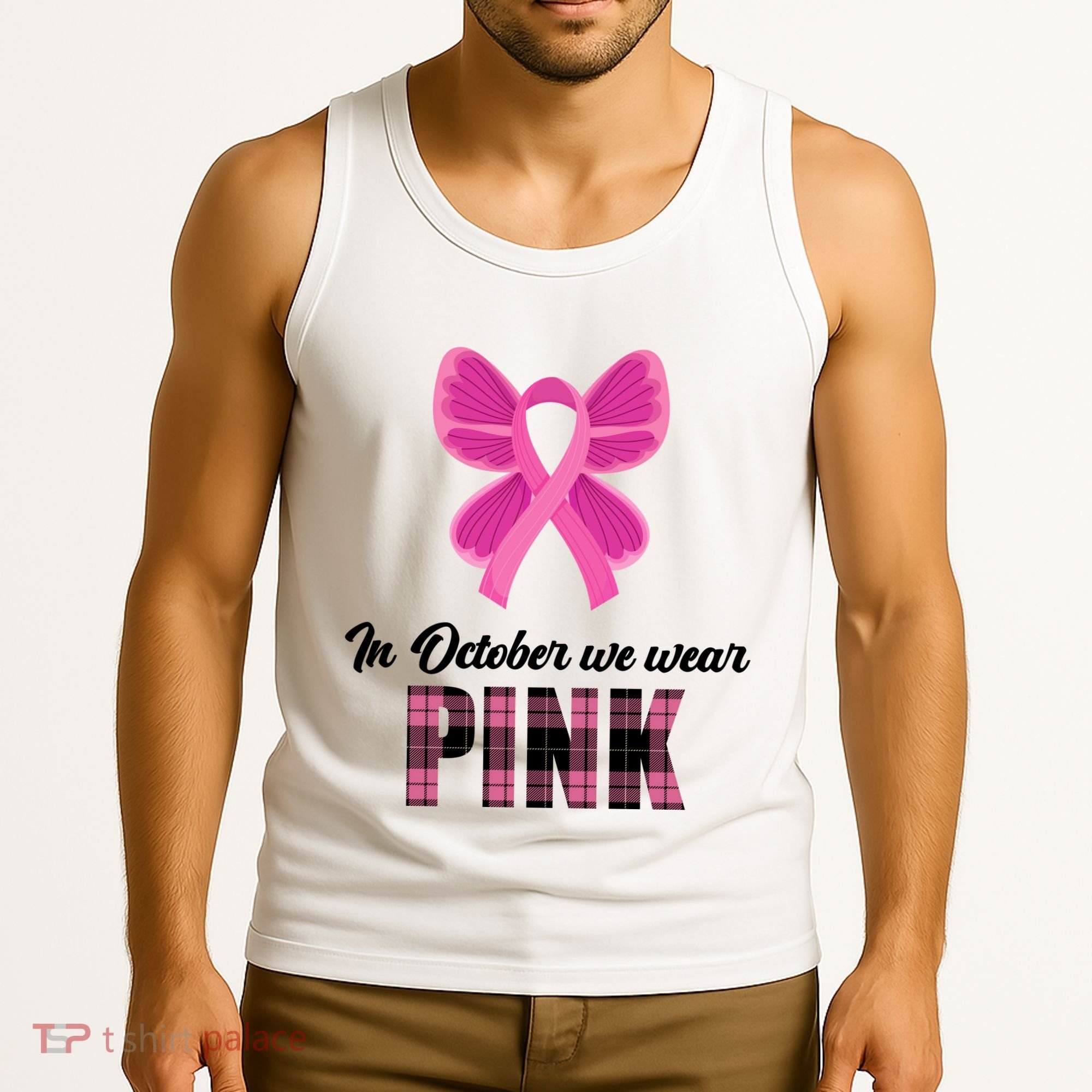 In October We Wear Pink Plaid Ribbon Tank Top