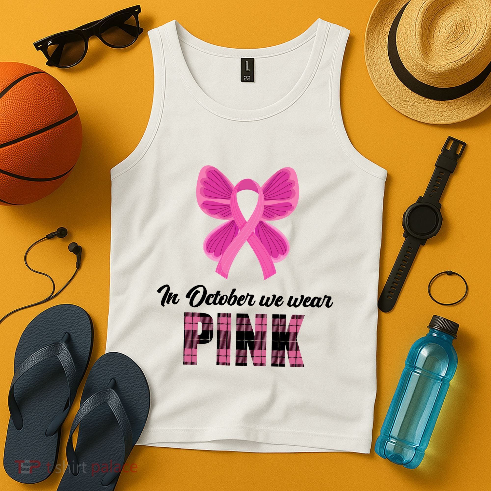 In October We Wear Pink Plaid Ribbon Tank Top
