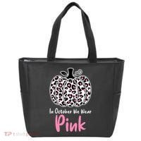 In October We Wear Pink Cheetah Pumpkin Breast Cancer Tote Bag thumb 0