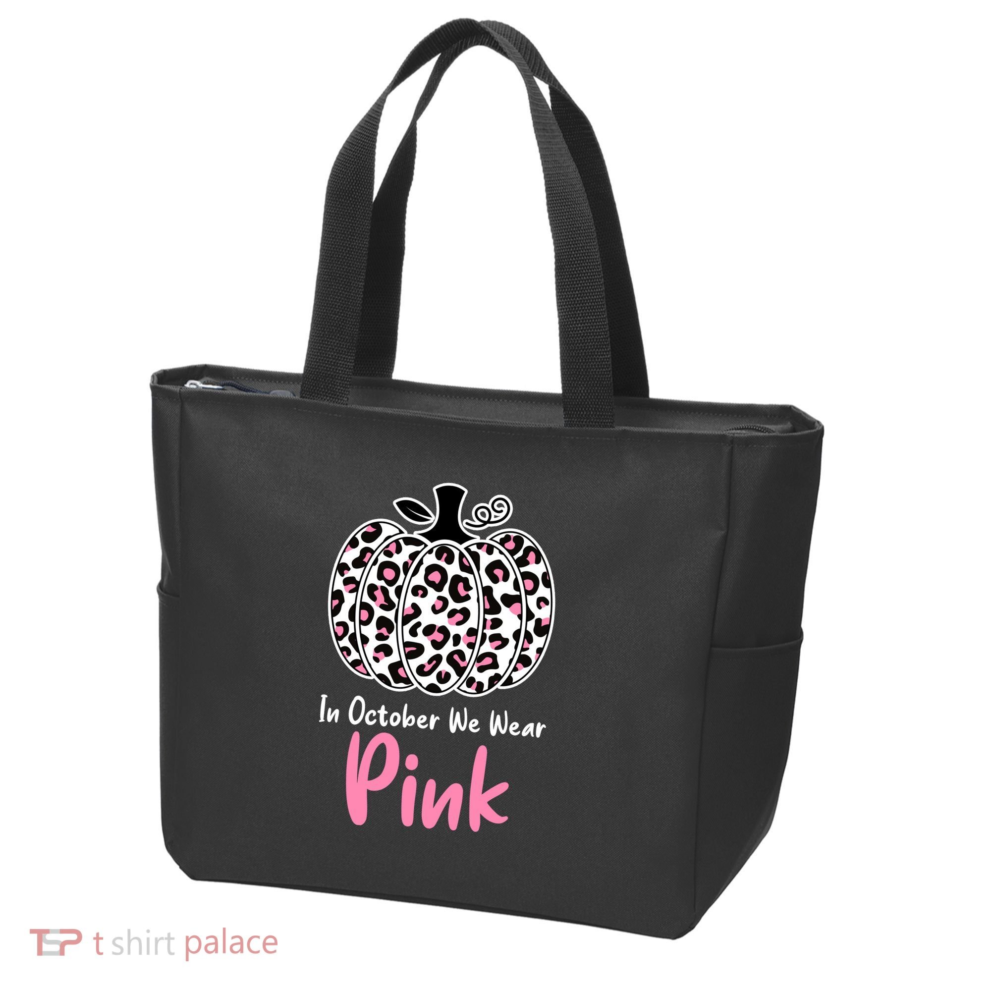 In October We Wear Pink Cheetah Pumpkin Breast Cancer Tote Bag