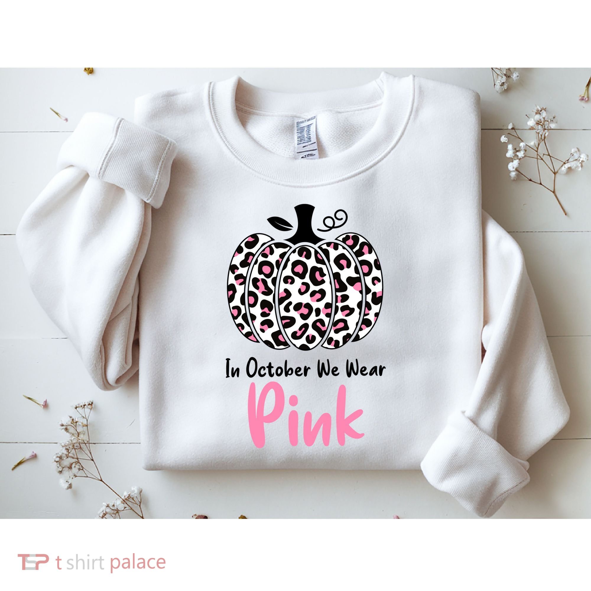 In October We Wear Pink Cheetah Pumpkin Breast Cancer Sweatshirt