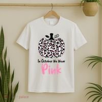 In October We Wear Pink Cheetah Pumpkin Breast Cancer T-Shirt thumb 2