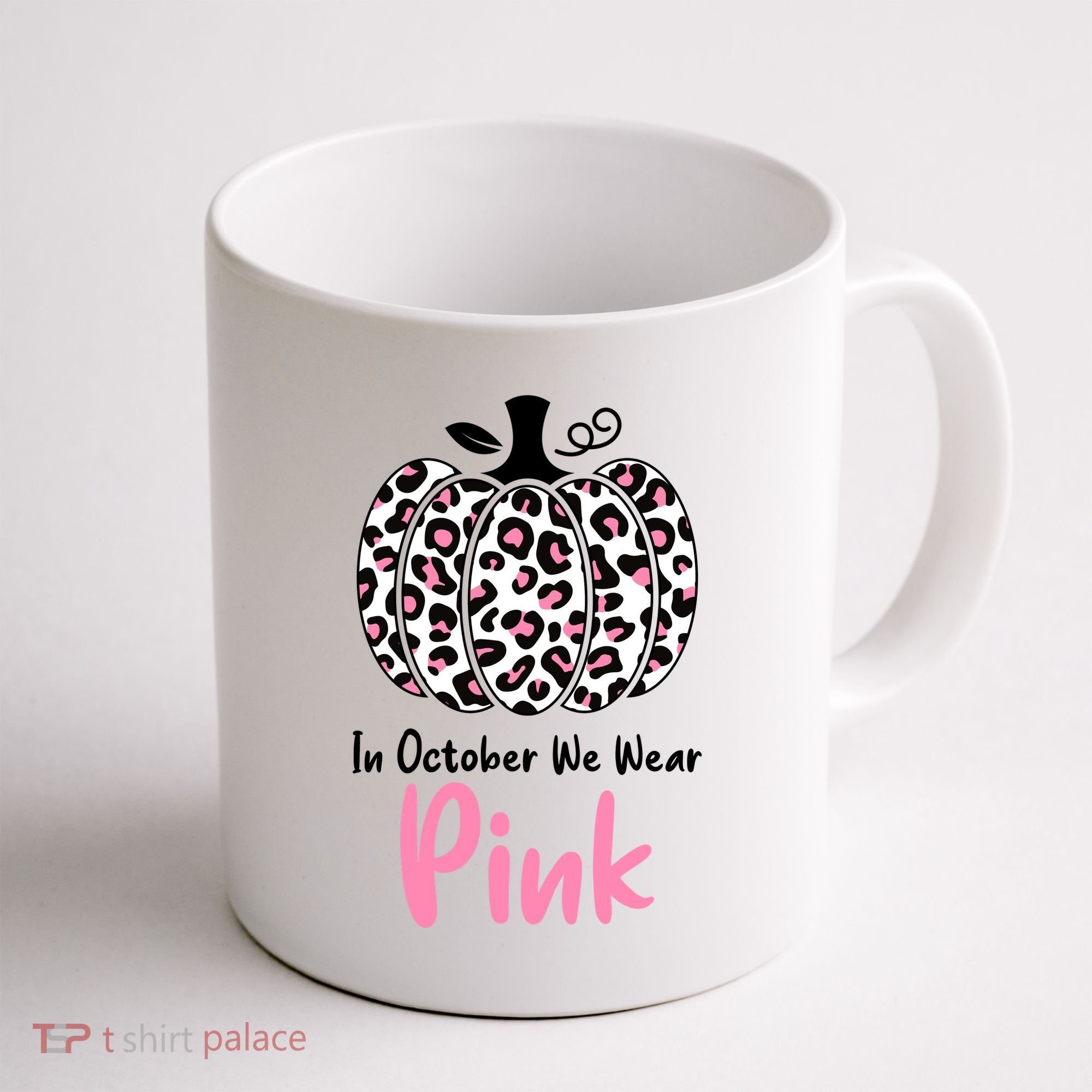 In October We Wear Pink Cheetah Pumpkin Breast Cancer Coffee Mug