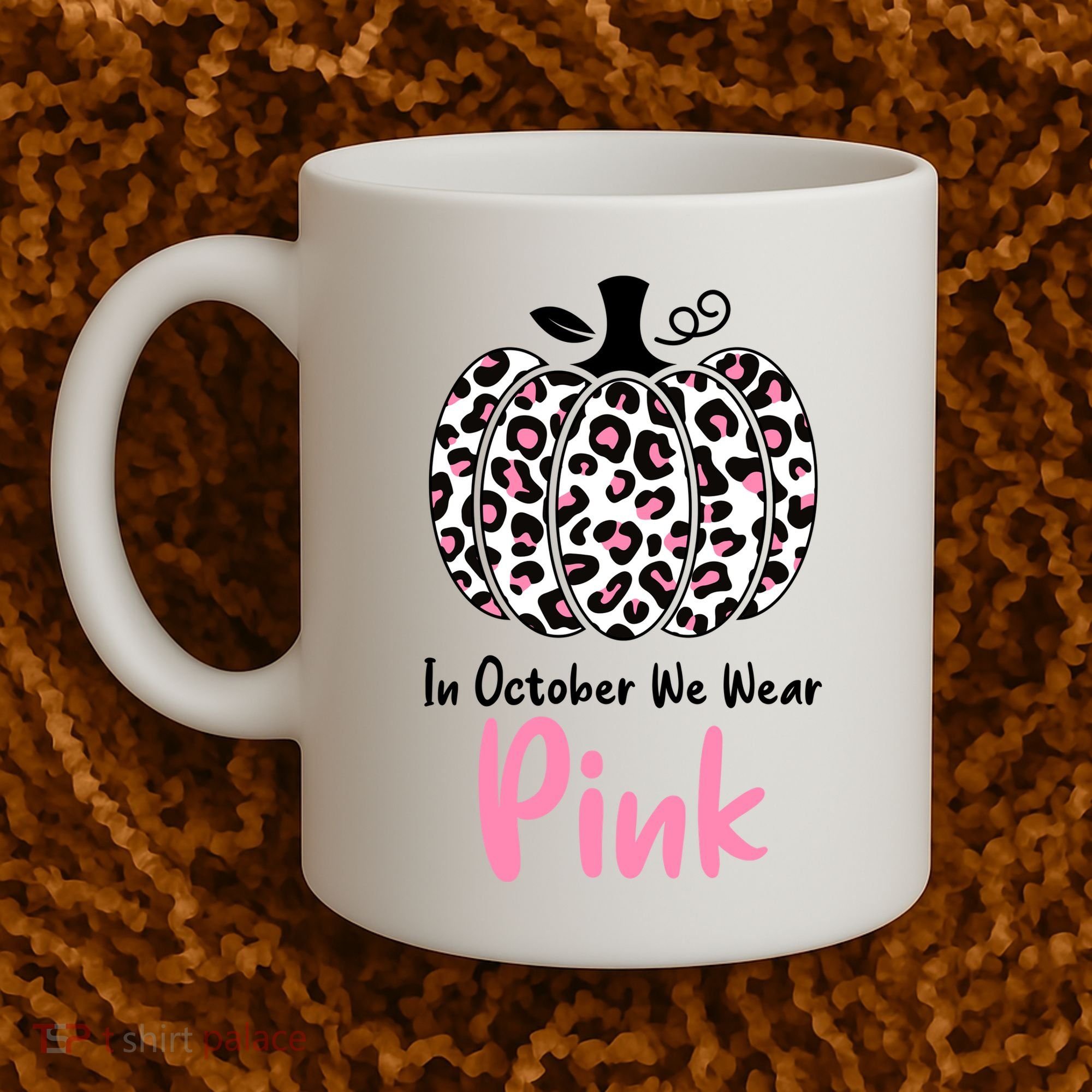 In October We Wear Pink Cheetah Pumpkin Breast Cancer Coffee Mug