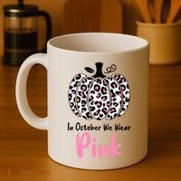 In October We Wear Pink Cheetah Pumpkin Breast Cancer Coffee Mug thumb 4