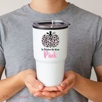 In October We Wear Pink Cheetah Pumpkin Breast Cancer Tumbler thumb 2